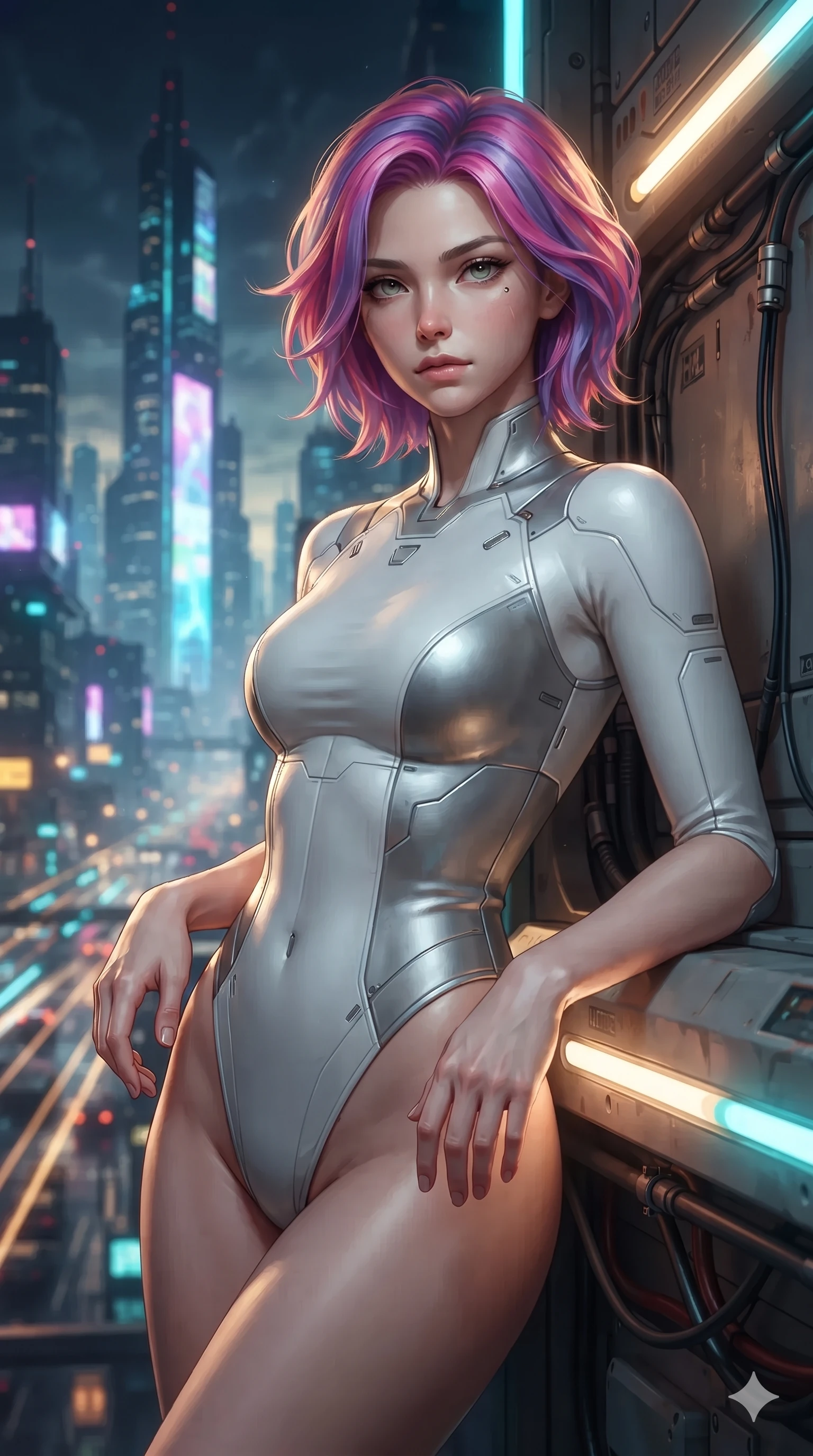 score_9, masterpiece, best quality, ultra-detailed, high-budget anime keyframe, editorial fashion photography, tasteful artistic composition, Caucasian woman. close-up cowboy shot from the waist and thighs up, the character dominates the composition, filling the frame with her large presence. leaning back against the glowing maintenance bulkhead with relaxed seductive grace, her flat midriff and narrow waist highlighted as laser ambient light traces her curves while twisting her slender torso in an alluring S-curve, pulsing cyber-skyline light and golden dice glyphs tracing her flat midriff and hourglass curves. The background shows a soft-focus tumbling golden holographic dice projections, soaring skyscraper light spires, and flying vehicle light trails blurred into gold, cyan, and midnight blue bokeh. She has an exceptionally elegant, slender, and willowy female figure with an ultra-slim waist, flat toned midriff, narrow ribcage, and sculpted feminine hips creating an alluring, slim hourglass silhouette without bulk. sharp v-shaped jawline, high-bridge nose, intricate jewel-like sparkling eyes with depth, thick eyelashes, glossy parted lips with a natural sheen, bright confident smile with an enchanting and coquettish sensual glint, exuding both youthful magnetic charm and sovereign high-tech allure, flawlessly proportioned anatomical accuracy, strict slender model proportions, natural body alignment, perfectly sculpted long slender limbs, ultra-slim waistline, clean dynamic posture without body distortion. wearing a provocative sheer-illusion nanotech lace bodysuit with strategic metallic foil flocking and high-cut leg openings in pure alabaster white and brushed silver accents, crafted from translucent high-gloss aerospace polymer with an internal crystalline sheen, accented with illuminated micro-fiber optic circuit threads tracing along her ribs and spine, the bespoke structured tailoring following the natural line of her 8.5-heads silhouette with refined elegance. illuminated by bar top reflections and sharp gold-cyan rim lights defining her razor-sharp jawline, narrow waist, and curvy hips. ultra-reflective glossy finish, specular highlights, rich textural contrasts, high-contrast stereoscopic depth, volumetric dynamic lighting, 2k, ultra detail, master piece, 9:16 ratio
