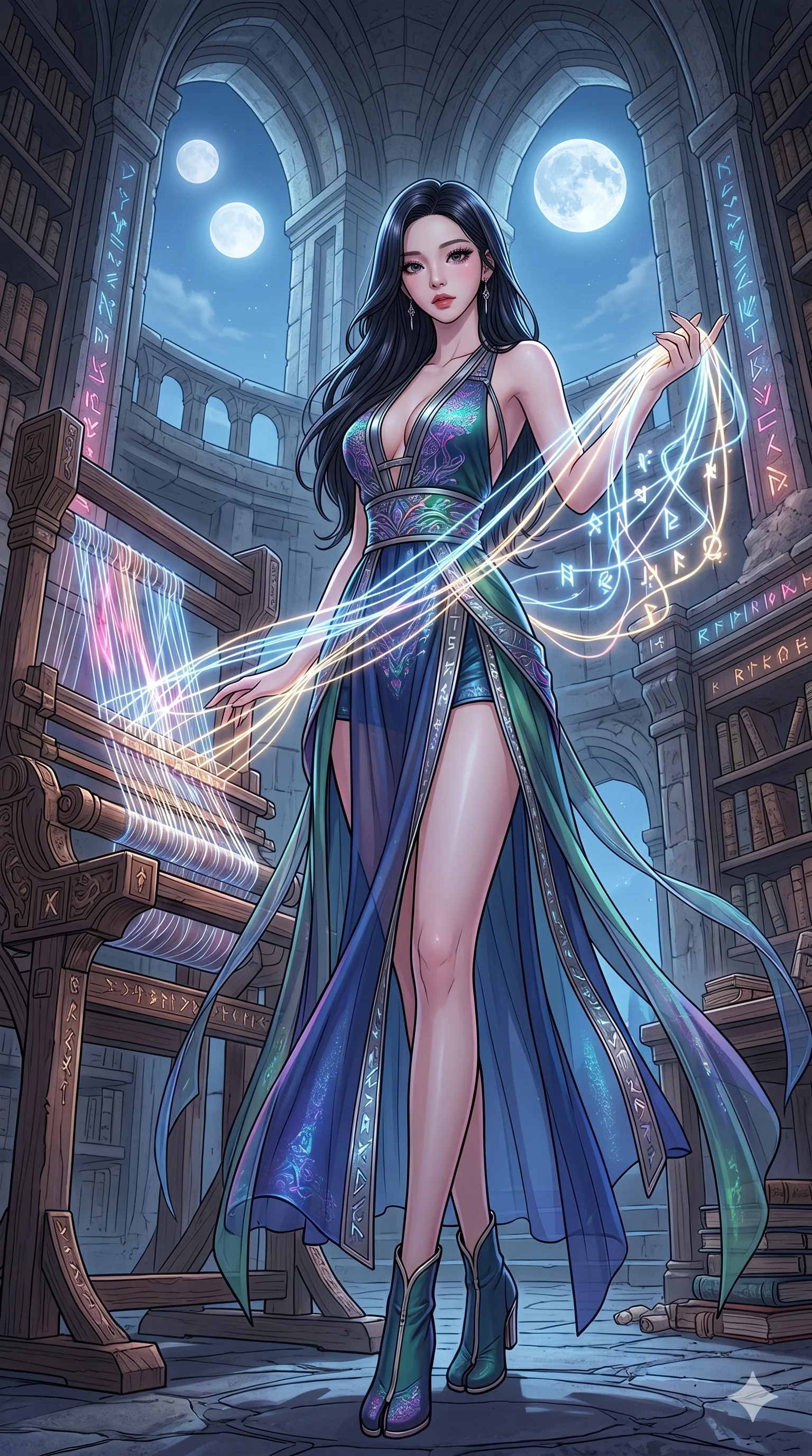 score_9, masterpiece, best quality, ultra-detailed, high-budget anime movie keyframe, cinematic anime lighting, intricate line art, Korean woman. Low angle cowboy shot filling the entire 9:16 frame with her statuesque presence. weaving threads of light in a ancient runic library under a twin-moon sky. She has an absolutely perfect 8-heads proportion, an exceptionally tall and slender female figure with an ultra-slim waist and impossibly long slender legs. sharp v-shaped jawline, high-bridge nose, intricate jewel-like eyes, thick eyelashes, glossy lips. Wearing modernized deep-plunging silk hanbok-fusion with metallic straps, a high-slit sheer skirt over micro-shorts, and holographic embroidered patterns. The scene is illuminated by dramatic atmospheric lighting and vibrant color palettes. , 2k, ultra detail, master piece, 9:16 ratio