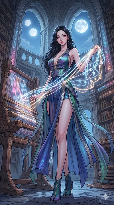 score_9, masterpiece, best quality, ultra-detailed, high-budget anime movie keyframe, cinematic anime lighting, intricate line art, Korean woman. Low angle cowboy shot filling the entire 9:16 frame with her statuesque presence. weaving threads of lig