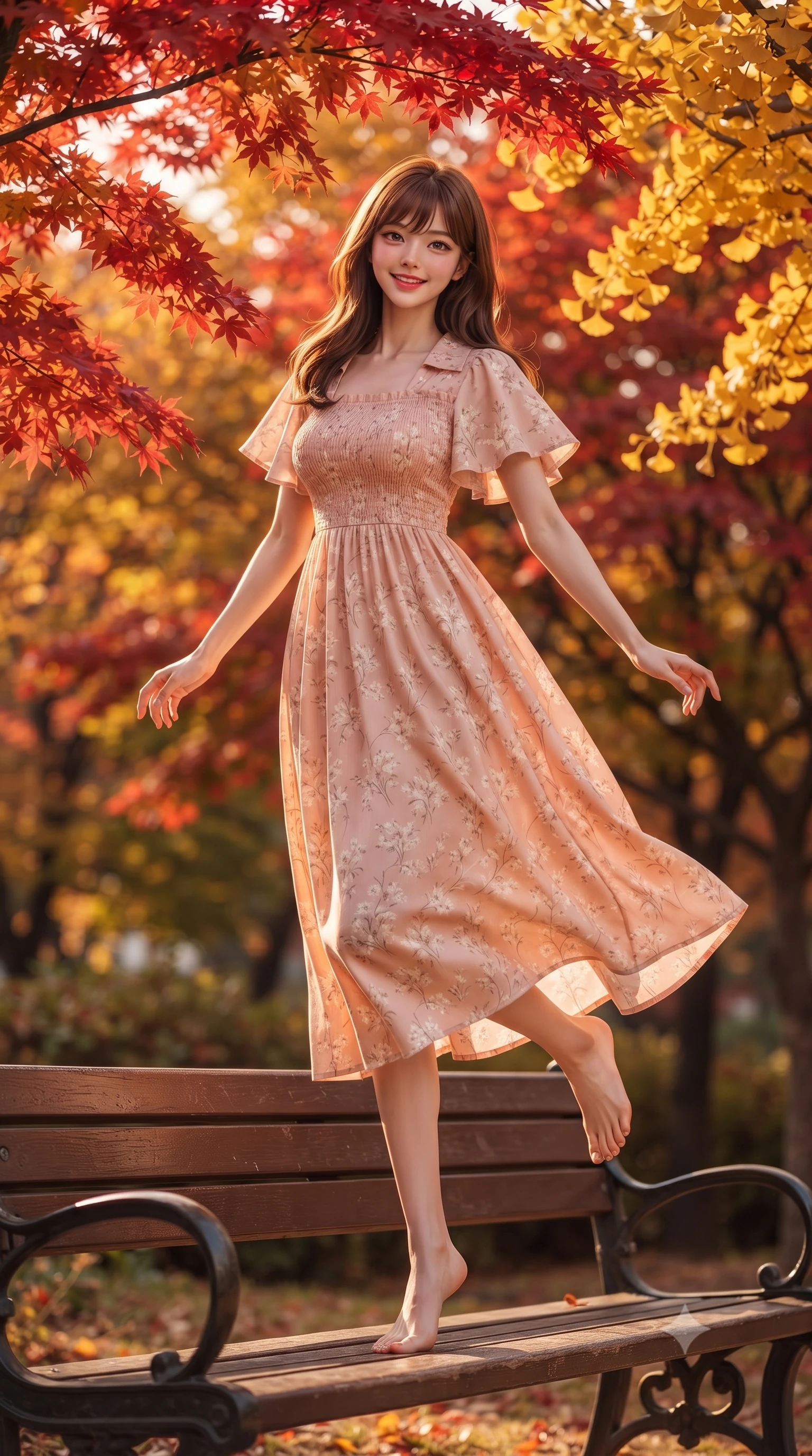 score_9, masterpiece, best quality, ultra-detailed, high-budget anime keyframe, editorial fashion photography, tasteful artistic composition, Korean woman. low angle full-body shot from head to toe showing her feet, filling the entire 9:16 vertical frame with her statuesque presence, stretching her vertical silhouette. standing poised on one leg with a playful hop and joyful expression, her long legs and slender figure highlighted against the landscape while sitting on a rustic park bench under an arch of fiery crimson maple branches, smiling cozily into the lens. The composition keeps background elements in soft focus with creamy bokeh. blazing scarlet maple canopies and golden ginkgo trees blurred into rich ruby, amber, and burnt orange bokeh. She has an absolutely perfect, statuesque 8.5-heads proportion, an exceptionally tall and slender model-like female figure with impossibly long slender legs, a toned flat midriff, and an ultra-slim waist. sharp v-shaped jawline, high-bridge nose, intricate jewel-like eyes with depth, thick eyelashes, glossy lips with a natural sheen, pure and lovely fresh girlhood expression, flawlessly proportioned anatomical accuracy, strict slender model proportions, natural body alignment, perfectly sculpted long slender limbs, ultra-slim waistline, clean dynamic posture without body distortion. wearing a sweet square-neck smocked midi dress decorated with delicate wildflower patterns in warm peach blossom pink and champagne ivory, crafted from soft breathable linen that flutters gently in the breeze, featuring elegant flutter sleeves and a graceful open collar, the soft airy drape swaying gracefully with her dynamic movements, emphasizing her tall willowy build and slim waistline. bathed in warm amber afternoon autumn sunlight filtering through glowing red and gold canopies. ultra-reflective glossy finish, specular highlights, rich natural textures, high-contrast stereoscopic depth, volumetric dynamic lighting, 2k, ultra detail, master piece, 9:16 ratio