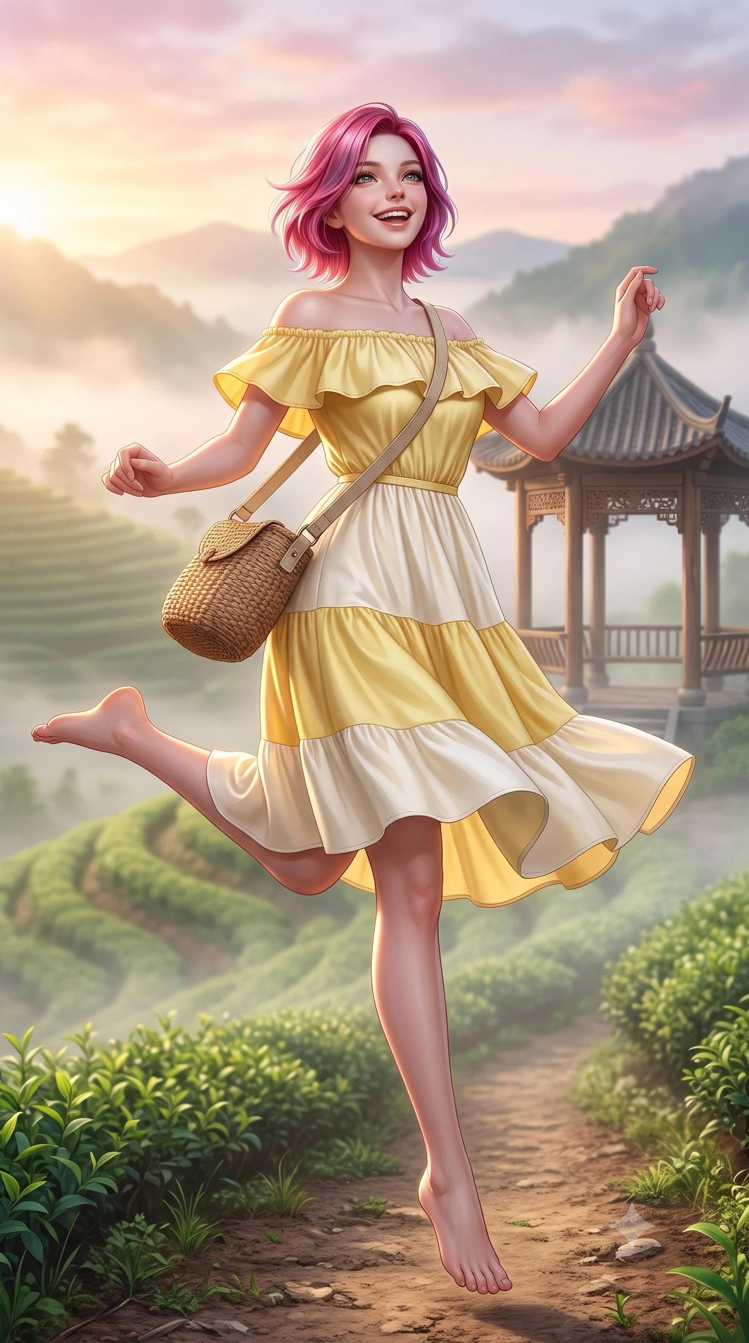 score_9, masterpiece, best quality, ultra-detailed, high-budget anime keyframe, semi-realistic 3D game render, editorial fashion photography, tasteful artistic composition, Caucasian woman. low angle full-body shot from head to toe showing her feet, filling the entire 9:16 vertical frame with her statuesque presence, stretching her vertical silhouette. leaping with lighthearted youthful energy across the natural path with a dazzling bright smile and balanced athletic poise while pausing at a traditional wooden gazebo on a misty ridge, holding a warm porcelain cup with a serene, sweet smile. The composition keeps background elements in soft focus with creamy bokeh. curling morning mist layers and terraced emerald tea ridges blurred into soft pastel green and golden dawn bokeh. She has an absolutely perfect, statuesque 8.5-heads proportion, an exceptionally tall and slender model-like female figure with impossibly long slender legs, a toned flat midriff, and an ultra-slim waist. sharp v-shaped jawline, high-bridge nose, intricate jewel-like eyes with depth, thick eyelashes, glossy lips with a natural sheen, pure and lovely fresh girlhood expression, flawlessly proportioned anatomical accuracy, strict slender model proportions, natural body alignment, perfectly sculpted long slender limbs, ultra-slim waistline, clean dynamic posture without body distortion. wearing a graceful off-shoulder cotton sundress with a ruffled neckline and tiered A-line skirt in fresh buttercup yellow and clean cream white, crafted from smooth fluid silk satin with a natural gentle sheen, accessorized with a rustic woven wicker bag and canvas strap, the soft airy drape swaying gracefully with her dynamic movements, emphasizing her tall willowy build and slim waistline. bathed in soft pastel pink and golden dawn sunrise light breaking through rolling morning mist. highly saturated vibrant anime colors, detailed shading with soft gradients, rich glossy textures, high-contrast stereoscopic depth, volumetric dynamic lighting, master piece, 9:16 ratio