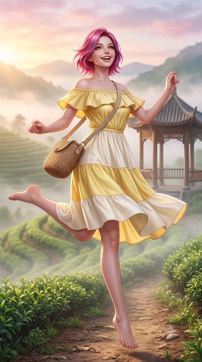 score_9, masterpiece, best quality, ultra-detailed, high-budget anime keyframe, semi-realistic 3D game render, editorial fashion photography, tasteful artistic composition, Caucasian woman. low angle full-body shot from head to toe showing her feet, 
