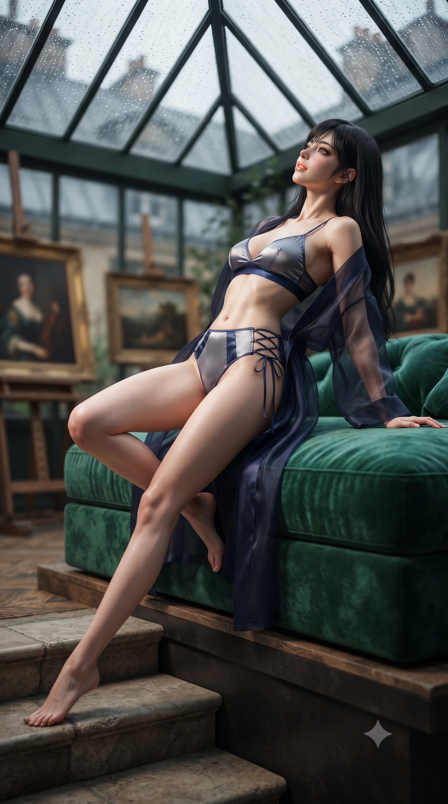 score_9, masterpiece, best quality, ultra-detailed, high-budget anime keyframe, editorial fashion photography, tasteful artistic composition, Caucasian woman. low angle full-body shot from head to toe showing her feet, filling the entire 9:16 vertical frame with her statuesque presence, stretching her vertical silhouette. sitting poised on the stone steps with one knee bent, arching her spine with supermodel elegance as she glances upward through thick eyelashes while reclining gracefully across the oversized emerald velvet daybed under the pitched glass skylight, arching her spine with effortless bohemian glamour. The background shows a soft-focus cast-iron pitched greenhouse skylights with rain streaks, antique oil paintings on easels, and Paris zinc roofs blurred into slate, emerald, and amber bokeh. She has an absolutely perfect, statuesque 8.5-heads proportion, an exceptionally tall and slender model-like female figure with impossibly long slender legs, an ultra-slim waist, a flat toned midriff, narrow delicate ribcage, and beautifully sculpted feminine hips creating a graceful, slim hourglass silhouette without any bulky heaviness. sharp v-shaped jawline, high-bridge nose, sparkling eyes with hypnotic seductive depth, thick curled eyelashes, glossy parted lips with a natural dewy peach sheen, alluring bedroom-eyes with an enchanting coquettish smile, exuding magnetic siren charisma and sophisticated glamour, flawlessly proportioned anatomical accuracy, strict slender model proportions, natural body alignment, perfectly sculpted long slender limbs, ultra-slim waistline, clean dynamic posture without body distortion. wearing a sheer organza kimono robe worn loose and slipping off bare shoulders over a matching satin bralette and high-waisted briefs in molten liquid silver and deep sapphire navy, made of semi-opaque stretch illusion mesh with soft shadowy contours, featuring fine criss-cross lace-up side ties revealing tantalizing glimpses of her hip curve, the high-slit wrap tailoring accentuating her ultra-slim waistline and the enchanting curve of her feminine hips with alluring seductive charm. illuminated by skylight reflection fill and sharp warm-gold rim lights sculpting her razor-sharp jawline, narrow waist, and curvy hips. ultra-reflective glossy finish, specular highlights, rich textural contrasts, high-contrast stereoscopic depth, volumetric dynamic lighting, 2k, ultra detail, master piece, 9:16 ratio