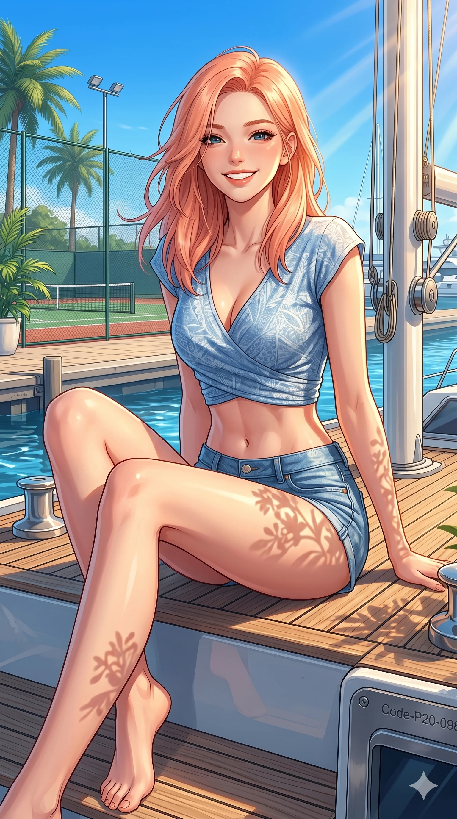score_9, masterpiece, best quality, ultra-detailed, high-budget anime keyframe, vibrant anime aesthetic, Japanese woman. cowboy shot from the thighs up, character and outfit filling the frame for maximum presence. She is sitting on the yacht deck, smiling brightly with a relaxed, happy expression by a tennis club patio under brilliant blue sky (Code-P20-098). She has an absolutely perfect 8-heads proportion, an exceptionally tall and slender female figure with impossibly long slender legs and an ultra-slim waist. V-shaped jawline, high-bridge nose, intricate jewel-like eyes with depth, thick eyelashes, glossy lips with a natural sheen. wearing a wrap top exposing bare midriff and micro-shorts on the deck. She is drenched in warm afternoon sunbeams, casting soft garden shadows on her skin. 2k, ultra detail, master piece, 9:16 ratio