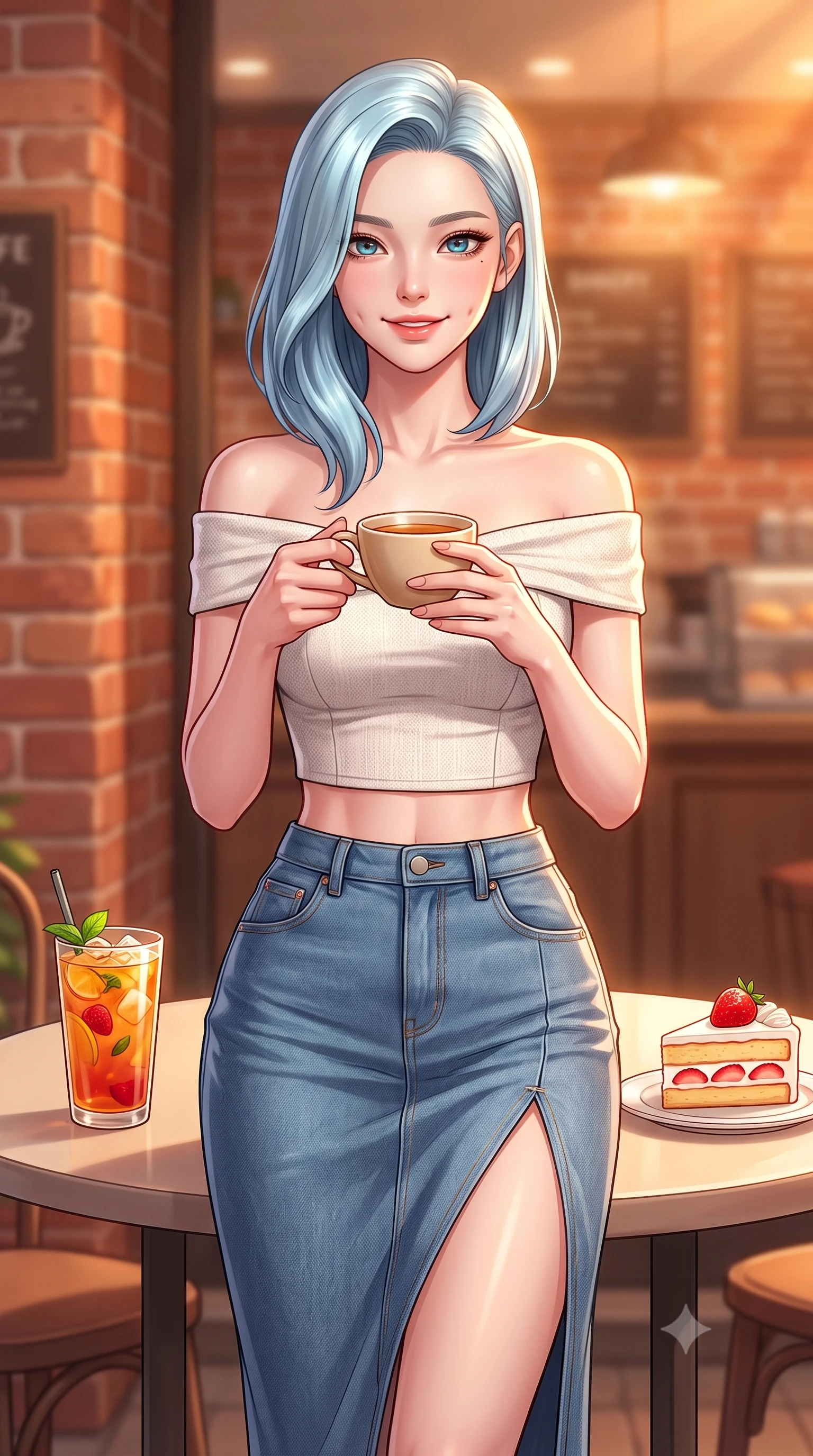 score_9, masterpiece, best quality, ultra-detailed, high-budget anime keyframe, editorial fashion photography, tasteful artistic composition, Korean woman. close-up cowboy shot from the waist and thighs up, the character dominates the composition, filling the frame with her large presence, background elements kept in soft focus. smiling with soft, cute dimples, holding a warm cup of tea with both hands set against a soft-focus background of at a cozy outdoor terrace table of a brick-walled bakery cafe with a glass of iced fruit tea and a slice of strawberry shortcake nearby. She has an exceptionally elegant, slender, and willowy female figure with an ultra-slim waist, a gracefully sculpted slender torso, and a refined silhouette. sharp v-shaped jawline, high-bridge nose, intricate jewel-like eyes with depth, thick eyelashes, glossy lips with a natural sheen. wearing tailored stylish off-shoulder crop top paired with a high-slit denim midi skirt. golden hour sunset rays painting the cozy interior in a warm orange wash. highly saturated vibrant anime colors, detailed shading with soft gradients, rich glossy textures, high-contrast stereoscopic depth, volumetric dynamic lighting, master piece, 9:16 ratio