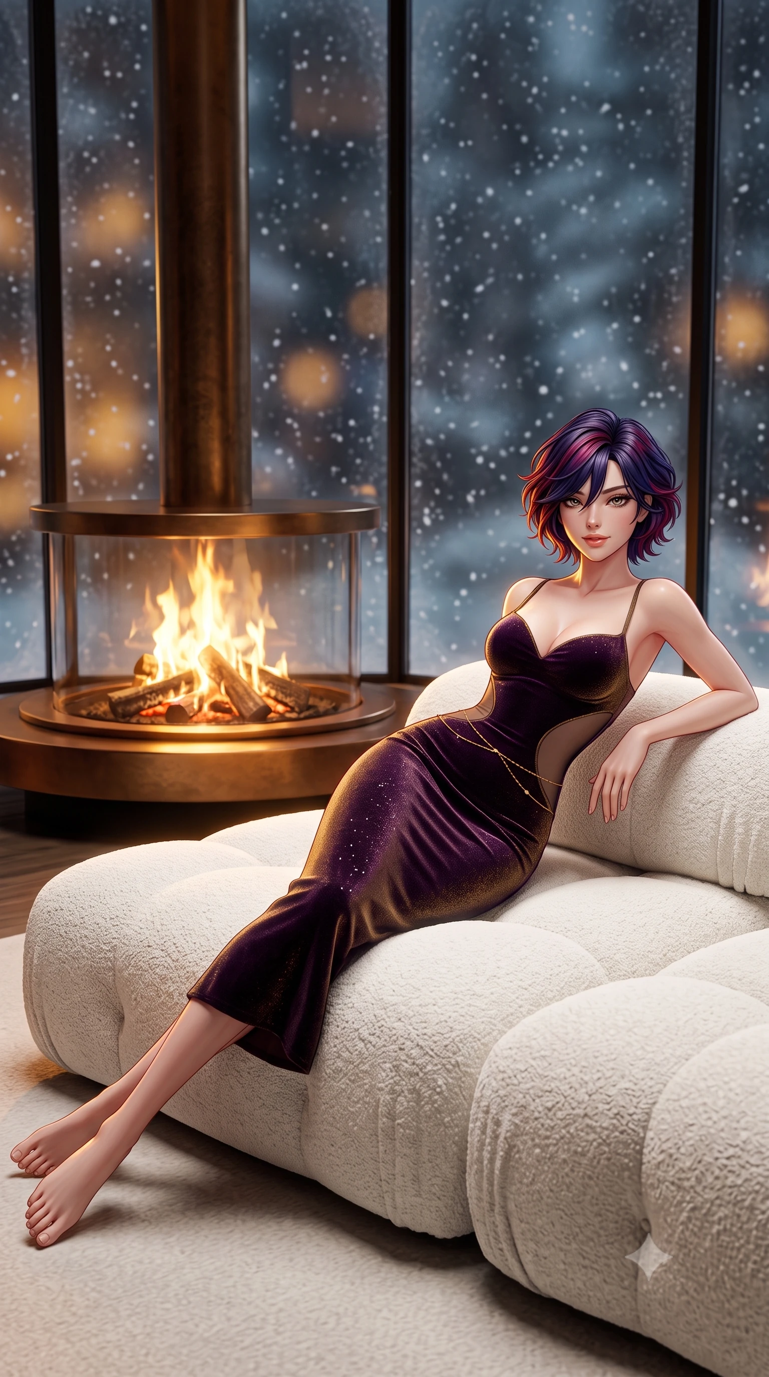 score_9, masterpiece, best quality, ultra-detailed, high-budget anime keyframe, semi-realistic 3D game render, editorial fashion photography, tasteful artistic composition, Korean woman. low angle full-body shot from head to toe showing her feet, filling the entire 9:16 vertical frame with her statuesque presence, stretching her vertical silhouette. reclining gracefully across the plush chaise lounge with one leg extended, her sculpted silhouette and flat midriff radiating magnetic nocturnal glamour while lounging across the oversized white bouclé sofa facing the roaring circular bronze fireplace, arching her back with effortless supermodel poise. The background shows a soft-focus flickering natural log fire flames, towering floor-to-ceiling panoramic glass windows, and swirling snowdrifts outside blurred into amber, charcoal, and ice-blue bokeh. She has an absolutely perfect, statuesque 8.5-heads proportion, an exceptionally tall and slender model-like female figure with impossibly long slender legs, an ultra-slim waist, a flat toned midriff, narrow delicate ribcage, and beautifully sculpted feminine hips creating a graceful, slim hourglass silhouette without any bulky heaviness. sharp v-shaped jawline, high-bridge nose, sparkling eyes with hypnotic seductive depth, thick curled eyelashes, glossy parted lips with a natural dewy peach sheen, alluring bedroom-eyes with an enchanting coquettish smile, exuding magnetic siren charisma and sophisticated glamour, flawlessly proportioned anatomical accuracy, strict slender model proportions, natural body alignment, perfectly sculpted long slender limbs, ultra-slim waistline, clean dynamic posture without body distortion. wearing a deep sweetheart-neckline velvet bodycon dress with sheer side-torso cutouts accentuating her hourglass curves in rich dark plum violet and gilded antique brass, woven from stretch metallic lurex jersey casting radiant starlight glints across her silhouette, accented with a dainty gold belly chain resting across her flat midriff and curving hips, the liquid-tight tailored fabric clinging flawlessly to her narrow waist and rounded feminine hips, emphasizing every millimeter of her sculpted slim hourglass curves without any bulky heaviness. illuminated by hearth reflection bounce and sharp warm-gold rim lights defining her delicate clavicles, ultra-slim waist, and curvy hips. highly saturated vibrant anime colors, detailed shading with soft gradients, rich glossy textures, high-contrast stereoscopic depth, volumetric dynamic lighting, master piece, 9:16 ratio