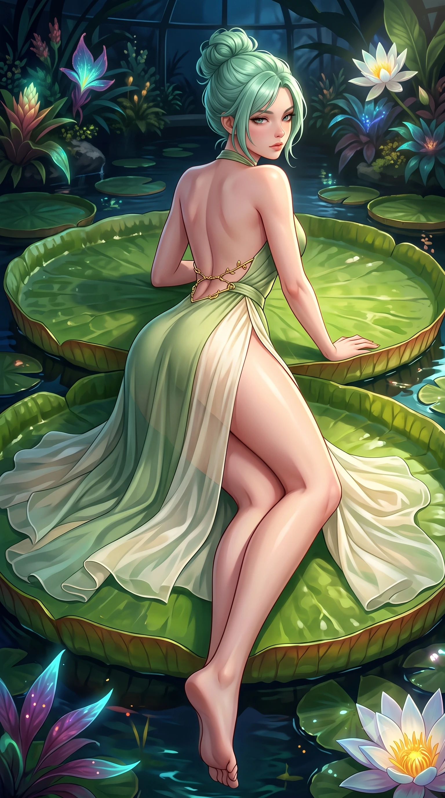 score_9, masterpiece, best quality, ultra-detailed, high-budget anime keyframe, semi-realistic 3D game render, editorial fashion photography, tasteful artistic composition, Japanese woman. low angle full-body shot from head to toe showing her feet, filling the entire 9:16 vertical frame with her statuesque presence, stretching her vertical silhouette. posing with back turned slightly to the lens, glancing back with smoldering allure as she arches her lower back to emphasize her sculpted feminine hips and slender waist while reclining face down atop a floating giant Victoria water lily pad with head turned toward the lens, legs playfully bent at the knees to highlight her hip silhouette. The surrounding environment is rendered in vivid detail and crisp panoramic clarity. lush nocturnal greenhouse chiaroscuro and enchanted botanical sanctuary aesthetics in precision. She has an absolutely perfect, statuesque 8.5-heads proportion, an exceptionally tall and slender model-like female figure with impossibly long slender legs, a toned flat midriff, an ultra-slim waist, and beautifully sculpted feminine hips. sharp v-shaped jawline, high-bridge nose, intricate jewel-like eyes with depth, thick eyelashes, glossy parted lips with a natural sheen, intensely captivating and seductive bedroom-eyes expression, flawlessly proportioned anatomical accuracy, strict slender model proportions, natural body alignment, perfectly sculpted long slender limbs, ultra-slim waistline, clean dynamic posture without body distortion. wearing a sun-drenched halter wrap dress with a daring open back and breezy high side slit ascending to the hip in fresh sage green and warm water-lily ivory, woven from sheer cascading chiffon that ripples like water with every step, finished with a dramatic open back secured by golden vine clasps, the form-contouring material adhering flawlessly to her sculpted flat midriff and slender torso, emphasizing her long leg lines and perfectly proportioned willowy build. surrounded by an otherworldly, sensual, and exquisitely pure water-lily nymph aura. highly saturated vibrant anime colors, detailed shading with soft gradients, rich glossy textures, high-contrast stereoscopic depth, volumetric dynamic lighting, master piece, 9:16 ratio