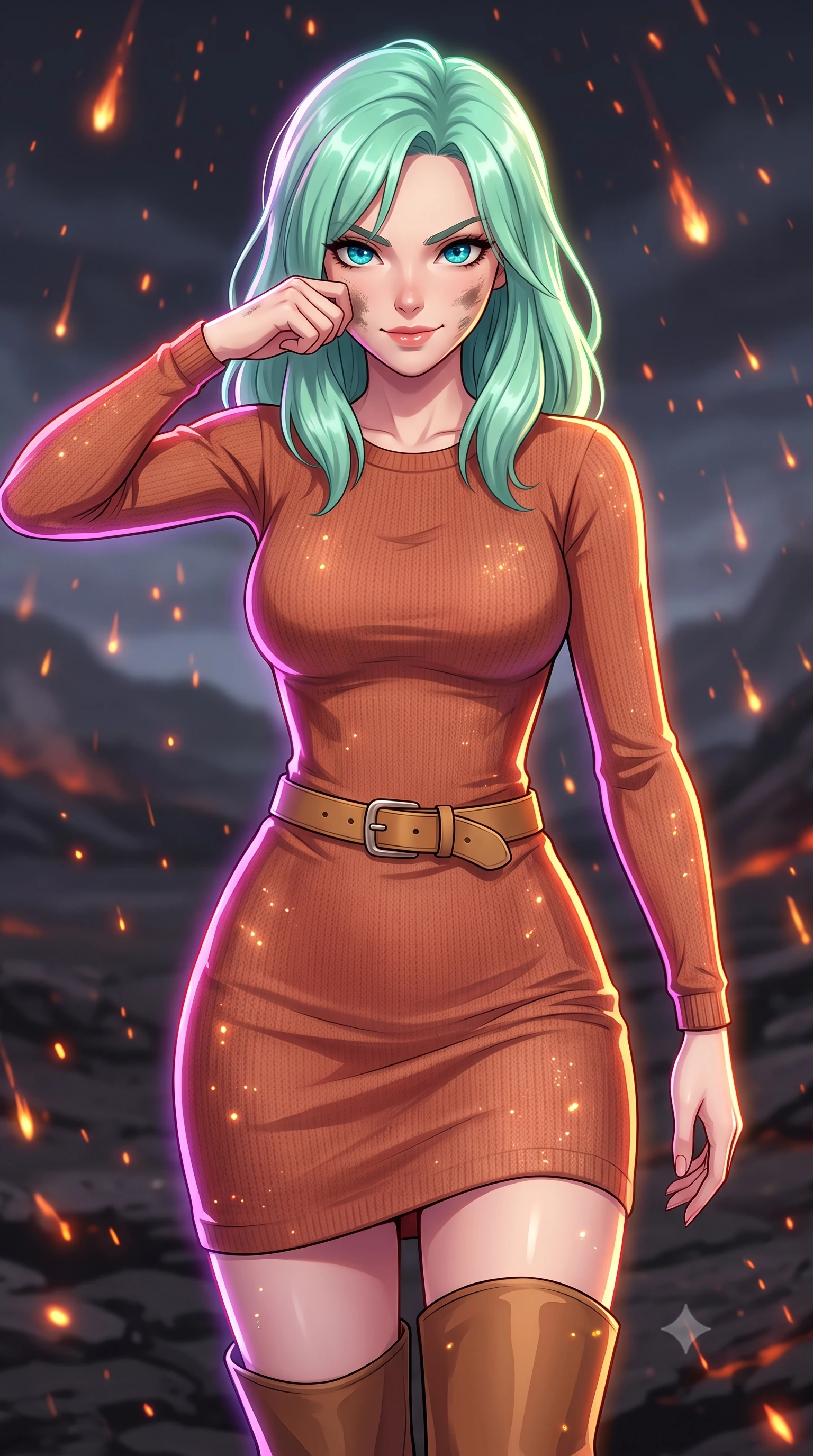 score_9, masterpiece, best quality, ultra-detailed, high-budget anime keyframe, clean line-art, cel-shading, Japanese woman. close-up cowboy shot from the waist and thighs up, the character dominates the composition, filling the frame with her large presence, background elements kept in soft focus. Wiping a smudge of dust from her cheek with a confident, defiant grin. set against a soft-focus background of a dark volcanic ash field, with glowing volcanic embers raining down like a slow-motion meteor shower. She has an exceptionally elegant and slender, willowy female figure with an ultra-slim waist, a gracefully sculpted slender torso, and a refined slim physique. sharp v-shaped jawline, high-bridge nose, intricate jewel-like eyes with depth, thick eyelashes, glossy lips with a natural sheen. wearing catching and diffusing the glowing particles, shimmering softly in response to the surrounding light, a slim-fit long-sleeve knit midi dress in a warm terracotta tone, styled with a tan leather belt and knee-high brown boots. brilliant cinematic volumetric lighting with intense neon rim light outlining her form. highly saturated vibrant anime colors, intense vivid color palette, volumetric dynamic lighting, 2k, ultra detail, master piece, 9:16 ratio