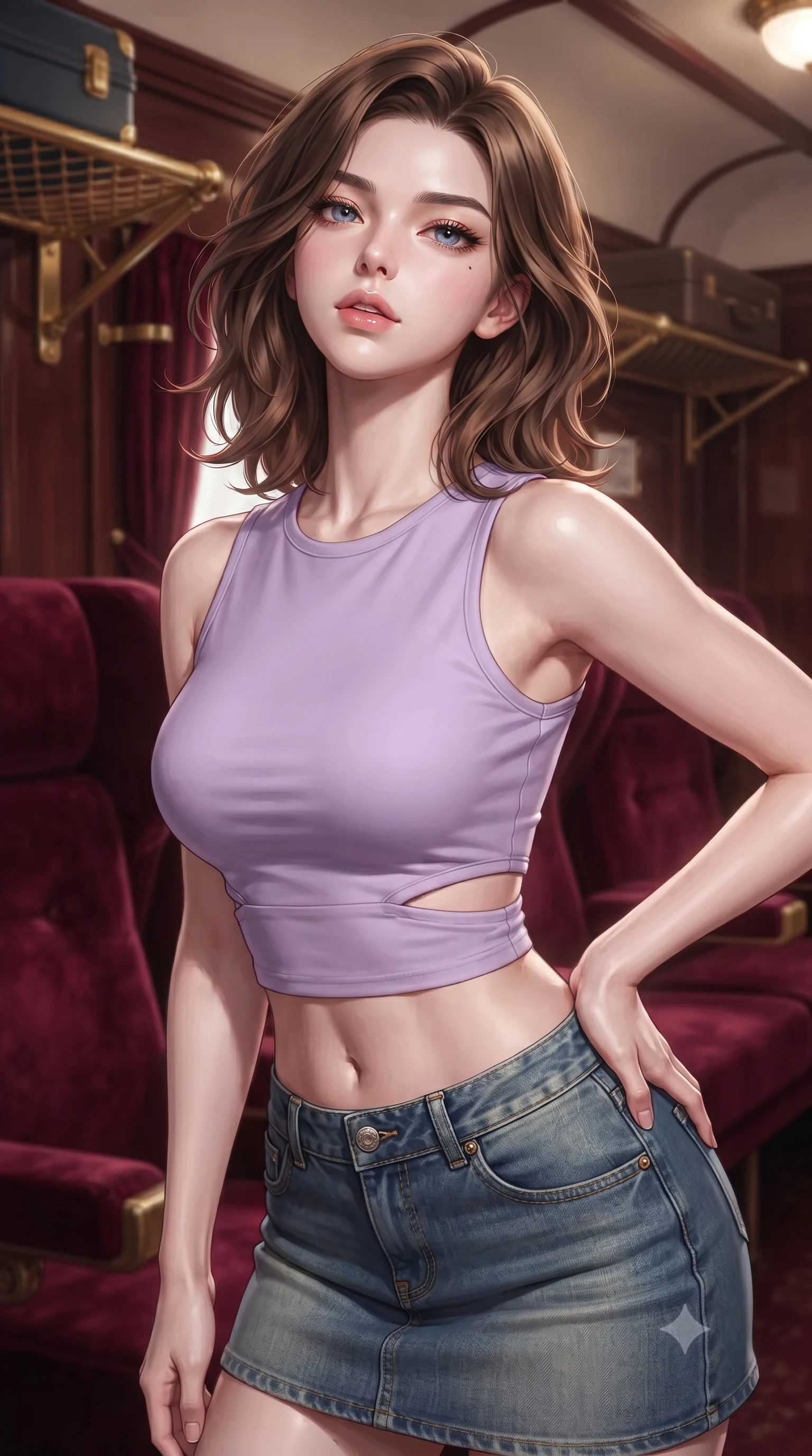 score_9, masterpiece, best quality, ultra-detailed, high-budget anime keyframe, editorial fashion photography, tasteful artistic composition, Korean woman. close-up cowboy shot from the waist and thighs up, the character dominates the composition, filling the frame with her large presence, background elements kept in soft focus. tilting her chin up slightly with lips parted in a composed, provocative expression the background shows a soft-focus a private compartment with plush velvet seats and gold-trimmed luggage racks. She has an exceptionally elegant, slender, and willowy female figure with an ultra-slim waist, a gracefully sculpted slender torso, and a refined silhouette. sharp v-shaped jawline, high-bridge nose, intricate jewel-like eyes with depth, thick eyelashes, glossy lips with a natural sheen. wearing a form-contouring modern crop top in lavender cotton paired with a low-rise denim skirt and a subtle waist cut-out. soft spotlighting highlighting the detailed fabrics of her outfit. ultra-reflective glossy finish, specular highlights, metallic sheen, high-contrast stereoscopic depth, volumetric dynamic lighting, 2k, ultra detail, master piece, 9:16 ratio