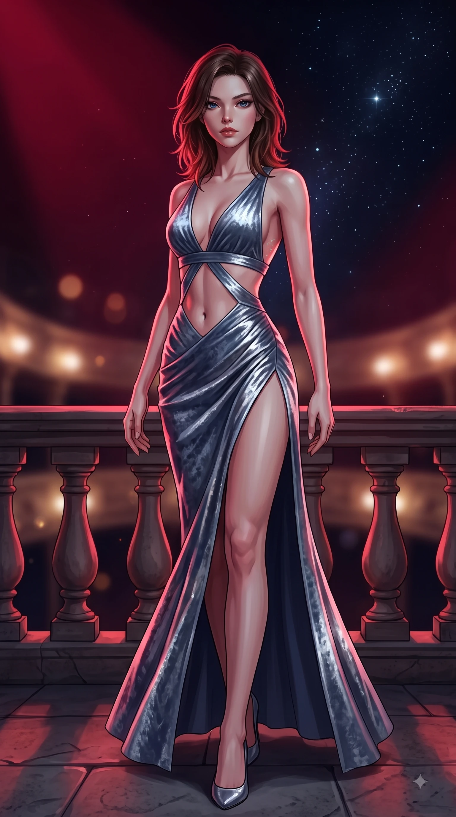 score_9, masterpiece, best quality, ultra-detailed, high-budget anime keyframe, editorial fashion photography, tasteful artistic composition, Korean woman. low angle full-body shot from head to toe showing her feet, filling the entire 9:16 vertical frame with her statuesque presence, stretching her vertical silhouette. stepping forward in a proud dynamic stride with an alluring waist tilt, her vertical silhouette filling the frame while pivoting dynamically on an opera balcony as deep space starlight illuminates her bare back, dramatic theatrical lighting emphasizing every curve of her athletic build. She has an absolutely perfect, statuesque 8.5-heads proportion, an exceptionally tall and slender model-like female figure with impossibly long slender legs and an ultra-slim waist. sharp v-shaped jawline, high-bridge nose, intricate jewel-like eyes with depth, thick eyelashes, glossy lips with a natural sheen, flawlessly proportioned anatomical accuracy, natural body alignment, perfectly sculpted elegant limbs, clean dynamic posture without body distortion. wearing a backless crushed velvet gown with a deep V-neckline and high thigh slit in slate blue and metallic silver, crafted from smooth liquid silk, featuring subtle geometric cutouts that highlight her ultra-slim midriff, the elegant draped fit framing her graceful clavicle and slender torso. bathed in deep crimson theatrical lighting with sharp specular highlights on every curve. ultra-reflective glossy finish, specular highlights, metallic sheen, high-contrast stereoscopic depth, volumetric dynamic lighting, 2k, ultra detail, master piece, 9:16 ratio