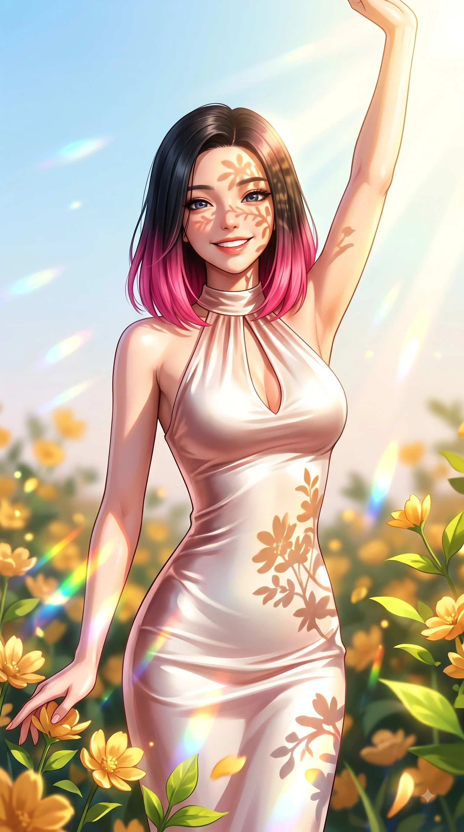 score_9, masterpiece, best quality, ultra-detailed, high-budget anime keyframe, editorial fashion photography, tasteful artistic composition, Korean woman. close-up cowboy shot from the waist and thighs up, the character dominates the composition, filling the frame with her large presence, background elements kept in soft focus. Extending one arm in an elegant stretch toward the sun while smiling with vibrant, magnetic self-assurance while resting playfully among golden blossoms as warm sunbeams illuminate her sparkling eyes, bright green leaves and golden petals casting cheerful organic stencil shadows. She has an exceptionally elegant, slender, and willowy female figure with an ultra-slim waist, a gracefully sculpted slender torso, and a refined silhouette. sharp v-shaped jawline, high-bridge nose, intricate jewel-like eyes with depth, thick eyelashes, glossy lips with a natural sheen, flawlessly proportioned anatomical accuracy, natural body alignment, perfectly sculpted elegant limbs, clean dynamic posture without body distortion. wearing a velvet halter-neck midi dress following her form like a glove in pearl white and rose gold, crafted from smooth liquid silk, accented with a Tasteful chest slit framing her clavicle gracefully, the glove-like fit emphasizing her statuesque silhouette during motion. illuminated by dazzling rainbow refractions and bright, cheerful ambient sky glow. ultra-reflective glossy finish, specular highlights, metallic sheen, high-contrast stereoscopic depth, volumetric dynamic lighting, 2k, ultra detail, master piece, 9:16 ratio