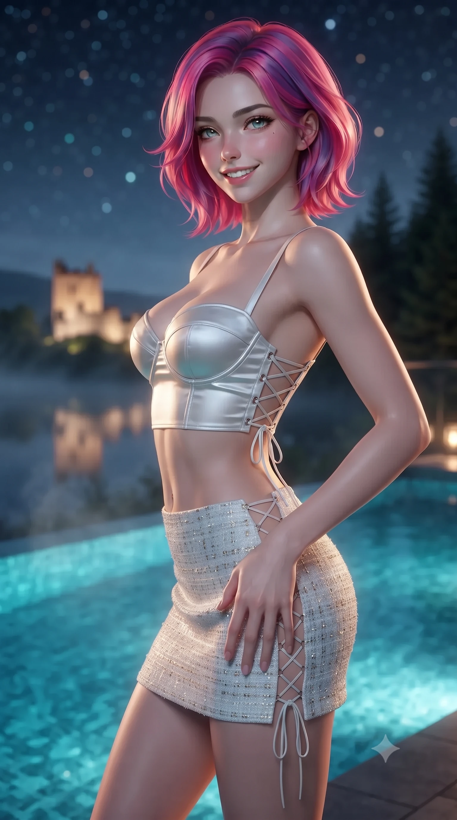 score_9, masterpiece, best quality, ultra-detailed, high-budget anime keyframe, editorial fashion photography, tasteful artistic composition, Caucasian woman. close-up cowboy shot from the waist and thighs up, the character dominates the composition, filling the frame with her large presence. tilting her head with a teasing half-smile, running one hand slowly down the side of her hip in a flirtatious S-curve as ambient light caresses her silhouette while twisting her slender torso in an alluring S-curve beside the infinity plunge pool, warm cedar steam and moonlight tracing her flat midriff and hourglass curves. The background shows a soft-focus illuminated silhouette of Urquhart Castle tower across misty black loch waters, dense Scottish pine forests, and starry night sky blurred into topaz, slate, and sapphire bokeh. She has an exceptionally elegant, slender, and willowy female figure with an ultra-slim waist, flat toned midriff, narrow ribcage, and sculpted feminine hips creating an alluring, slim hourglass silhouette without bulk. sharp v-shaped jawline, high-bridge nose, intricate jewel-like sparkling eyes with depth, thick eyelashes, glossy parted lips with a natural peach sheen, bright cheerful beaming smile with an enchanting and coquettish sensual glint, exuding both youthful cute charm and seductive allure, flawlessly proportioned anatomical accuracy, strict slender model proportions, natural body alignment, perfectly sculpted long slender limbs, ultra-slim waistline, clean dynamic posture without body distortion. wearing a sculpted satin underwire crop bustier with lace-up side ties paired with a micro skirt in pure translucent crystal white and liquid platinum, woven from structured British tweed with subtle metallic flecks, featuring fine criss-cross lace-up side ties revealing tantalizing glimpses of her hip curve, the glove-like clinging cut tightly following the natural contour of her hips and long slender legs with youthful 8.5-heads elegance. bathed in underwater pool turquoise-cyan LEDs combined with soft warm 2700K interior cove lighting through glass. ultra-reflective glossy finish, specular highlights, rich textural contrasts, high-contrast stereoscopic depth, volumetric dynamic lighting, 2k, ultra detail, master piece, 9:16 ratio