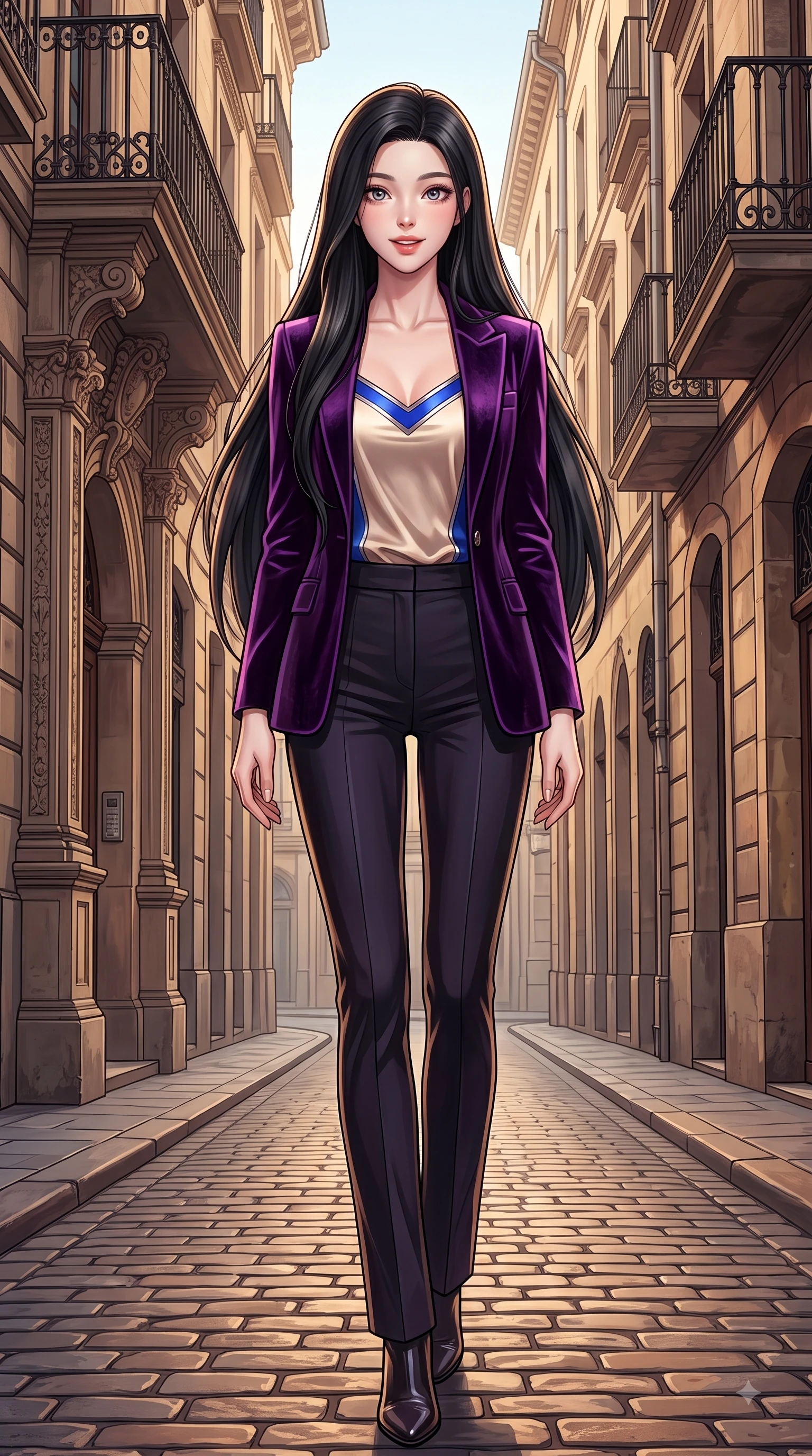 score_9, masterpiece, best quality, ultra-detailed, high-budget anime keyframe, editorial fashion photography, tasteful artistic composition, Korean woman. low angle full-body shot from head to toe showing her feet, filling the entire 9:16 vertical frame with her statuesque presence, stretching her vertical silhouette. Expectant hopeful expression with wide sparkling eyes and a soft eager smile as if waiting for a loved one while stepping along a quiet historic street with a commanding editorial posture. The surrounding environment is rendered in vivid detail and crisp panoramic clarity. intricate stone carvings, wrought-iron balconies, and warm cobblestone textures captured in crisp resolution. She has an absolutely perfect, statuesque 8.5-heads proportion, an exceptionally tall and slender model-like female figure with impossibly long slender legs and an ultra-slim waist. sharp v-shaped jawline, high-bridge nose, intricate jewel-like eyes with depth, thick eyelashes, glossy lips with a natural sheen, flawlessly proportioned anatomical accuracy, natural body alignment, perfectly sculpted elegant limbs, clean dynamic posture without body distortion. wearing a deep amethyst purple velvet blazer over a silky champagne camisole in electric cobalt blue and polished silver accent, tailored from crisp high-density cotton poplin, featuring elegant flutter sleeves and a graceful square neckline, the sleek second-skin fit accentuating her magnetic presence. illuminated by high-contrast directional key light and warm ambient reflections. highly saturated vibrant anime colors, detailed shading with soft gradients, rich glossy textures, high-contrast stereoscopic depth, volumetric dynamic lighting, master piece, 9:16 ratio