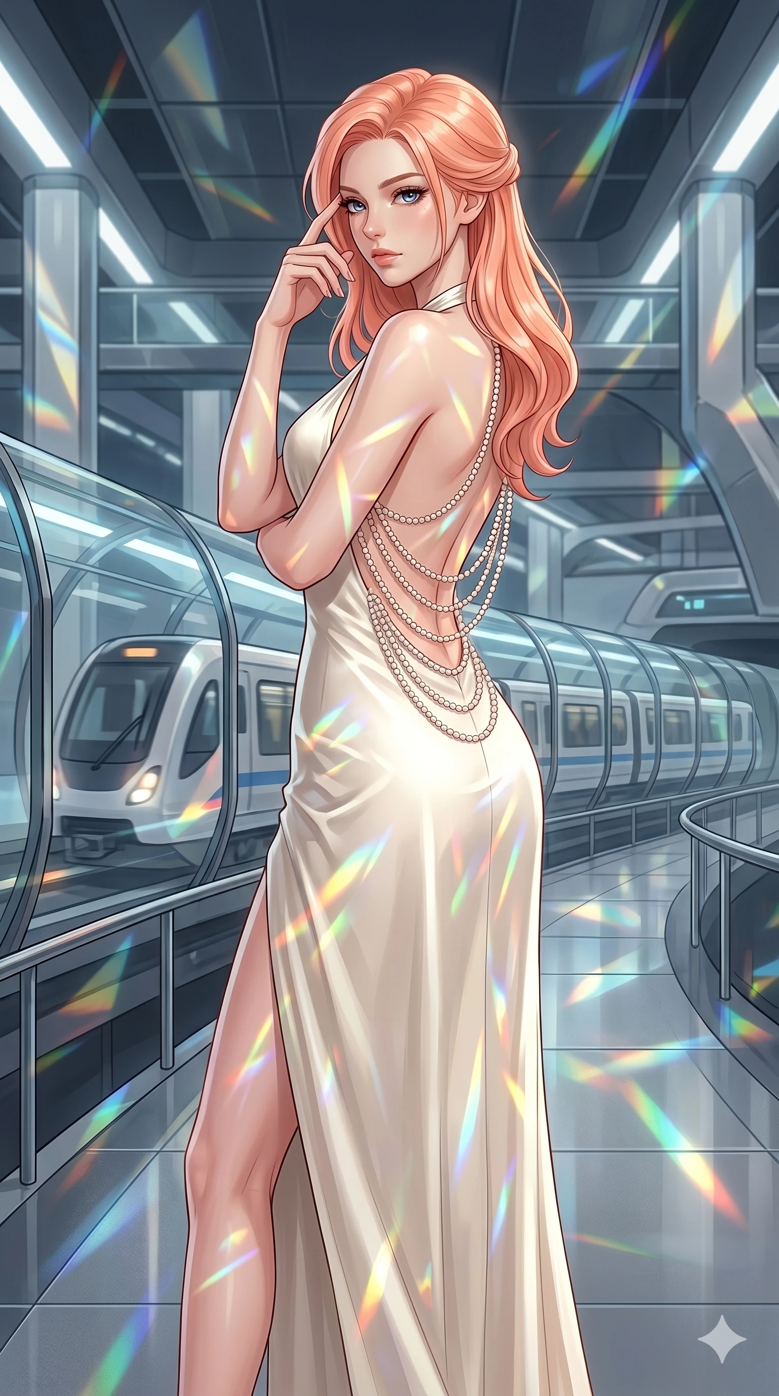 score_9, masterpiece, best quality, ultra-detailed, high-budget anime keyframe, editorial fashion photography, tasteful artistic composition, Japanese woman. cowboy shot from the thighs up, character and outfit filling the frame for maximum editorial presence. Pressing two fingers to her temple in a composed thoughtful gesture inside a futuristic train station with glass-walled tubes containing magnetic trains. She has an absolutely perfect 8-heads proportion, an exceptionally tall and slender female figure with impossibly long slender legs and an ultra-slim waist. V-shaped jawline, high-bridge nose, intricate jewel-like eyes with depth, thick eyelashes, glossy lips with a natural sheen. wearing an ivory silk satin gown with a halter neckline and delicate rows of pearls draping across her open back, falling into a column skirt. lit by mirror-reflected prismatic spotlights creating geometric light patterns that play across her body. 2k, ultra detail, master piece, 9:16 ratio