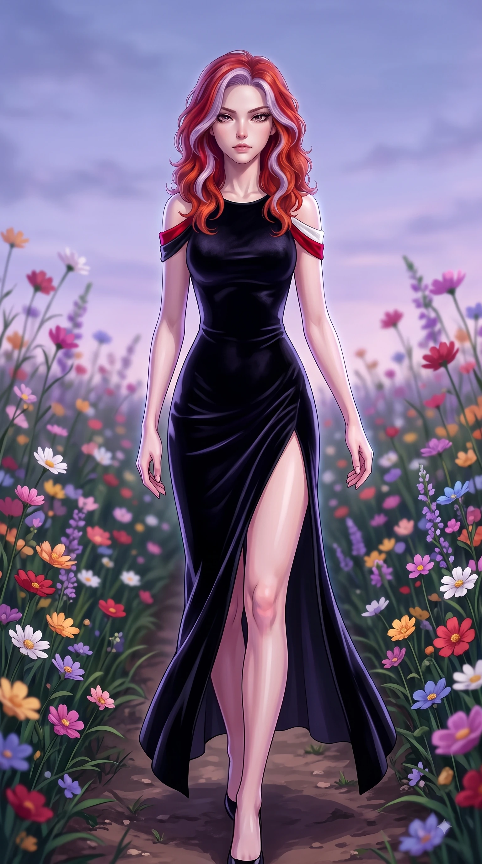 score_9, masterpiece, best quality, ultra-detailed, high-budget anime keyframe, editorial fashion photography, tasteful artistic composition, Caucasian woman. close-up cowboy shot from the waist and thighs up, the character dominates the composition, filling the frame with her large presence. Indifferent cold glance casting a disdainful side-eye from beneath long dark eyelashes with aloof confidence while stepping along a dirt path flanked by vibrant blossoms with an ethereal editorial grace. The composition keeps background elements in soft focus with dreamy bokeh. swaying flower stems and soft twilight skies softened by gentle shallow depth of field. She has an exceptionally elegant, slender, and willowy female figure with an ultra-slim waist, a gracefully sculpted slender torso, and a refined silhouette. sharp v-shaped jawline, high-bridge nose, intricate jewel-like eyes with depth, thick eyelashes, glossy lips with a natural sheen, flawlessly proportioned anatomical accuracy, natural body alignment, perfectly sculpted elegant limbs, clean dynamic posture without body distortion. wearing a dramatic black velvet evening gown with a high leg slit and subtle shoulder cutouts in vibrant crimson red and crisp snow white, made of premium stretch velvet with a rich glossy sheen, finished with a sleek side slit ascending to mid-thigh, the chic fashion cut framing her graceful clavicle and slender torso. illuminated by soft ambient lavender reflections and delicate rim highlights. highly saturated vibrant anime colors, detailed shading with soft gradients, rich glossy textures, high-contrast stereoscopic depth, volumetric dynamic lighting, master piece, 9:16 ratio