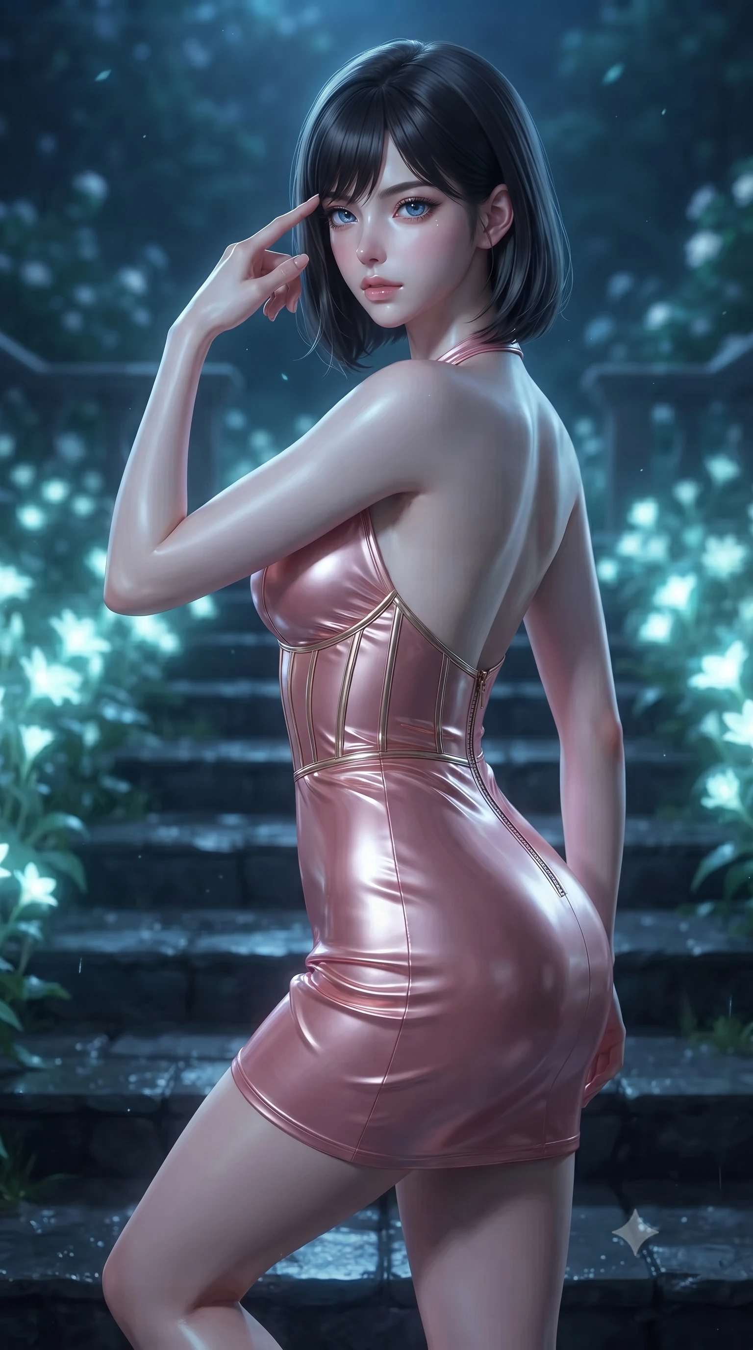 score_9, masterpiece, best quality, ultra-detailed, high-budget anime keyframe, editorial fashion photography, tasteful artistic composition, Korean woman. close-up cowboy shot from the waist and thighs up, the character dominates the composition, filling the frame with her large presence, background elements kept in soft focus. Pressing two fingers to her temple in a composed, sharp thoughtful gesture, ascending dark stone terrace steps lined with glowing white flora, mysterious nocturnal elegance in her composed posture. She has an exceptionally elegant, slender, and willowy female figure with an ultra-slim waist, a gracefully sculpted slender torso, and a refined silhouette. sharp v-shaped jawline, high-bridge nose, intricate jewel-like eyes with depth, thick eyelashes, glossy lips with a natural sheen. wearing backless liquid vinyl mini slip dress with bare shoulder halter neckline in rose-gold pink, made of liquid mercury jersey, finished with metallic gold boning and sleek zipper points, the fitted fabric emphasizing her ultra-slim waist. illuminated by soft bioluminescent turquoise light from moonflowers and silver moonbeams. ultra-reflective glossy finish, specular highlights, metallic sheen, high-contrast stereoscopic depth, volumetric dynamic lighting, 2k, ultra detail, master piece, 9:16 ratio