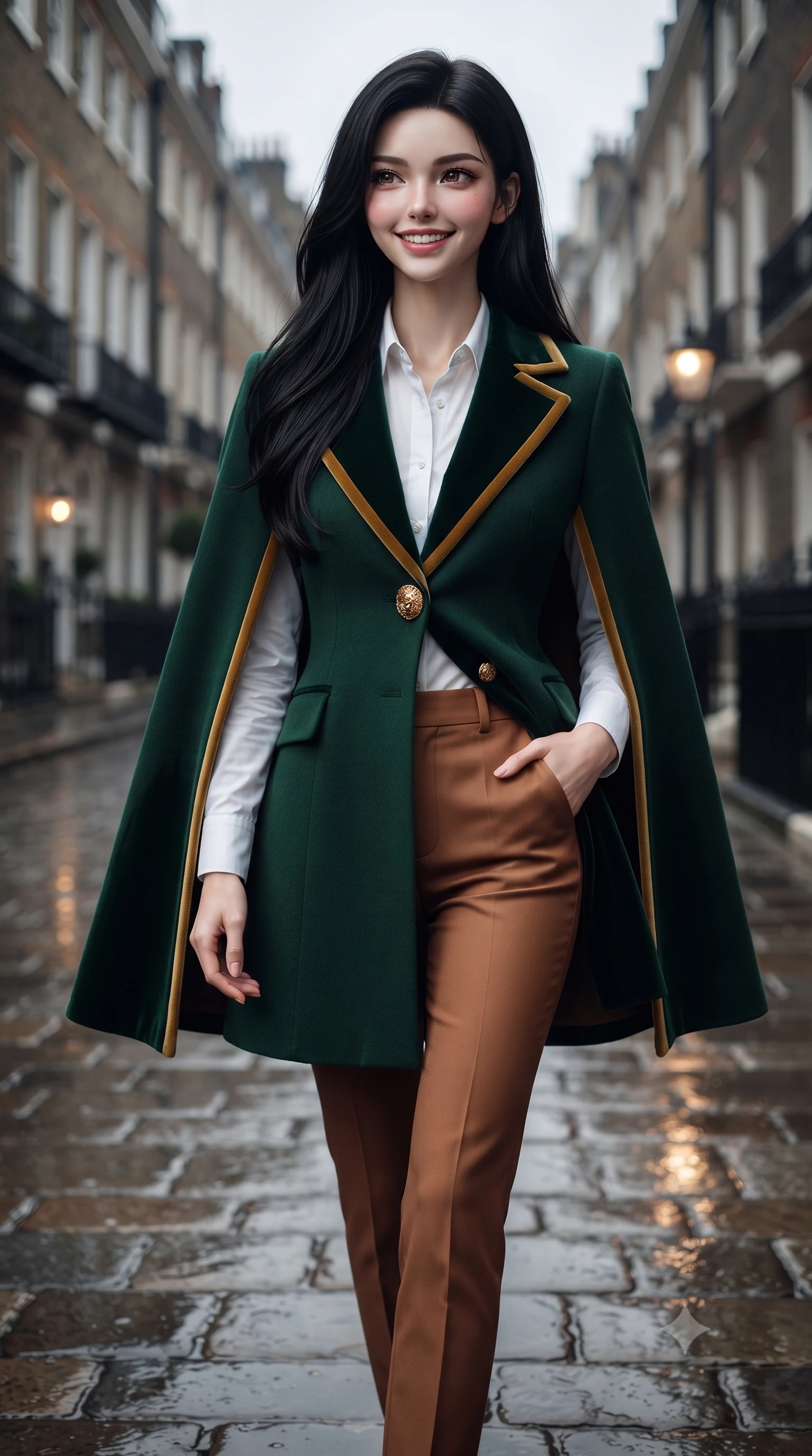 score_9, masterpiece, best quality, ultra-detailed, high-budget anime keyframe, editorial fashion photography, tasteful artistic composition, Korean woman. close-up cowboy shot from the waist and thighs up, the character dominates the composition, filling the frame with her large presence. standing poised with one hand slipped into her tailored trouser pocket, head tilted in a friendly, engaging expression while walking down the rain-slicked London street with confident model strides, her trench coat fluttering with dynamic rhythm. The background shows a soft-focus historic Georgian townhouse facades softened in moody London autumn shallow focus. She has an exceptionally elegant, slender, and willowy female figure with an ultra-slim waist, flat toned midriff, narrow ribcage, and sculpted feminine hips creating an alluring, slim hourglass silhouette without bulk. sharp v-shaped jawline, high-bridge nose, intricate jewel-like sparkling eyes with depth, thick eyelashes, glossy parted lips with a natural peach sheen, bright cheerful beaming smile with an enchanting and coquettish sensual glint, exuding both youthful cute charm and seductive allure, flawlessly proportioned anatomical accuracy, strict slender model proportions, natural body alignment, perfectly sculpted long slender limbs, ultra-slim waistline, clean dynamic posture without body distortion. wearing an elegant tailored cape coat in brushed wool worn over a crisp white cotton shirt and tailored cigarette pants in heritage British racing green and warm cognac brown, crafted from rich cotton velvet with deep light-absorbing pile and soft gradients, accented with an ornate 24k gold lion-embossed crest button along the front closure, the bespoke architectural tailoring hugging her natural waistline with sartorial precision, creating a clean graceful hourglass silhouette with tall model elegance. illuminated by wet pavement specular reflections and crisp silver-amber rim lights accentuating her tall slender frame and cheekbones. ultra-reflective glossy finish, specular highlights, rich textural contrasts, high-contrast stereoscopic depth, volumetric dynamic lighting, 2k, ultra detail, master piece, 9:16 ratio