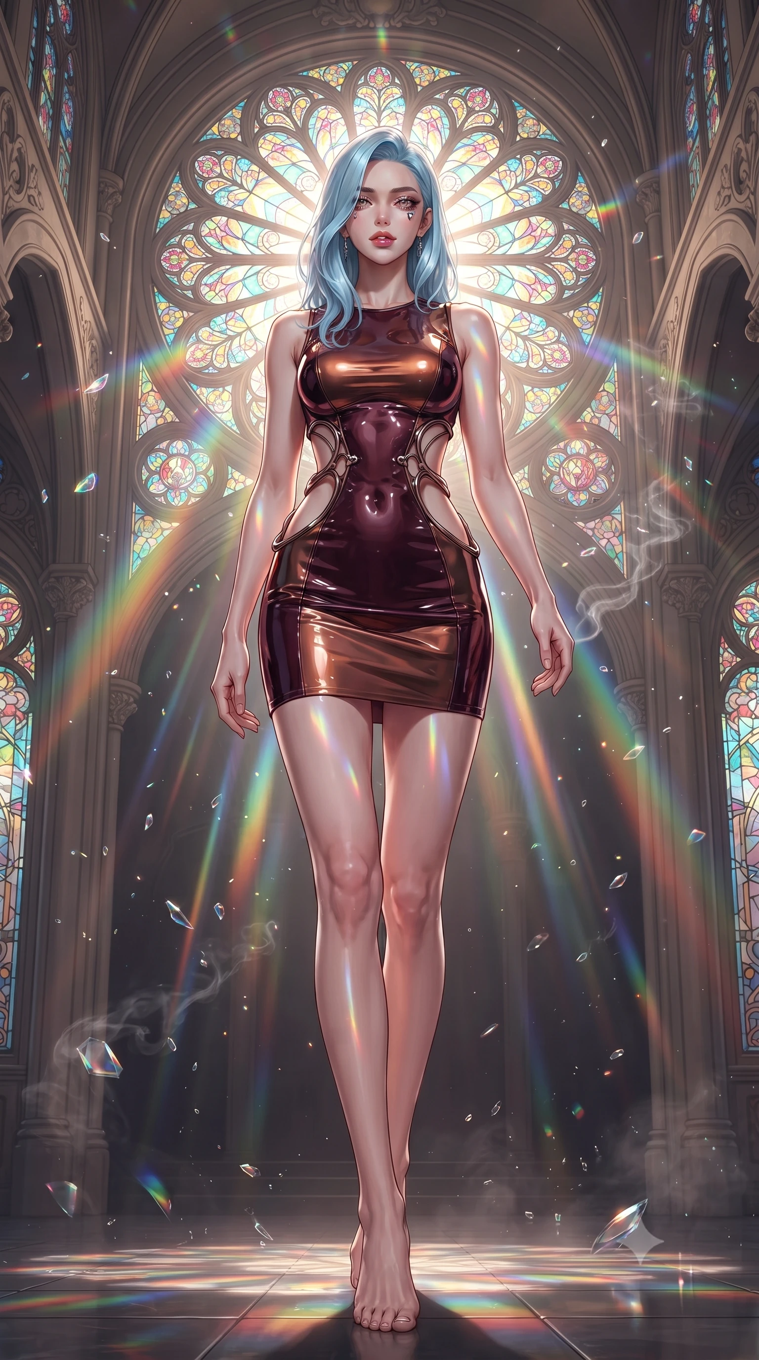score_9, masterpiece, best quality, ultra-detailed, high-budget anime keyframe, editorial fashion photography, tasteful artistic composition, Korean woman. low angle full-body shot from head to toe showing her feet, filling the entire 9:16 vertical frame with her statuesque presence, stretching her vertical silhouette. forging dynamically through the scene, her vertical silhouette beautifully stretched standing before a monumental Art Nouveau stained glass rose window, floating glass dust and incense smoke scattering colorful light beams. She has an absolutely perfect, statuesque 8.5-heads proportion, an exceptionally tall and slender model-like female figure with impossibly long slender legs and an ultra-slim waist. sharp v-shaped jawline, high-bridge nose, intricate jewel-like eyes with depth, thick eyelashes, glossy lips with a natural sheen. wearing a dramatic open-waist cutout mini dress framed by sculptural hardware in deep burgundy and bronze, tailored from high-gloss patent leather, featuring clean architectural cutouts along her slender torso, the form-contouring material highlighting her ultra-slim waist and long lines. bathed in cascading rainbow prismatic light refracting through stained glass. highly saturated vibrant anime colors, detailed shading with soft gradients, rich glossy textures, high-contrast stereoscopic depth, volumetric dynamic lighting, master piece, 9:16 ratio