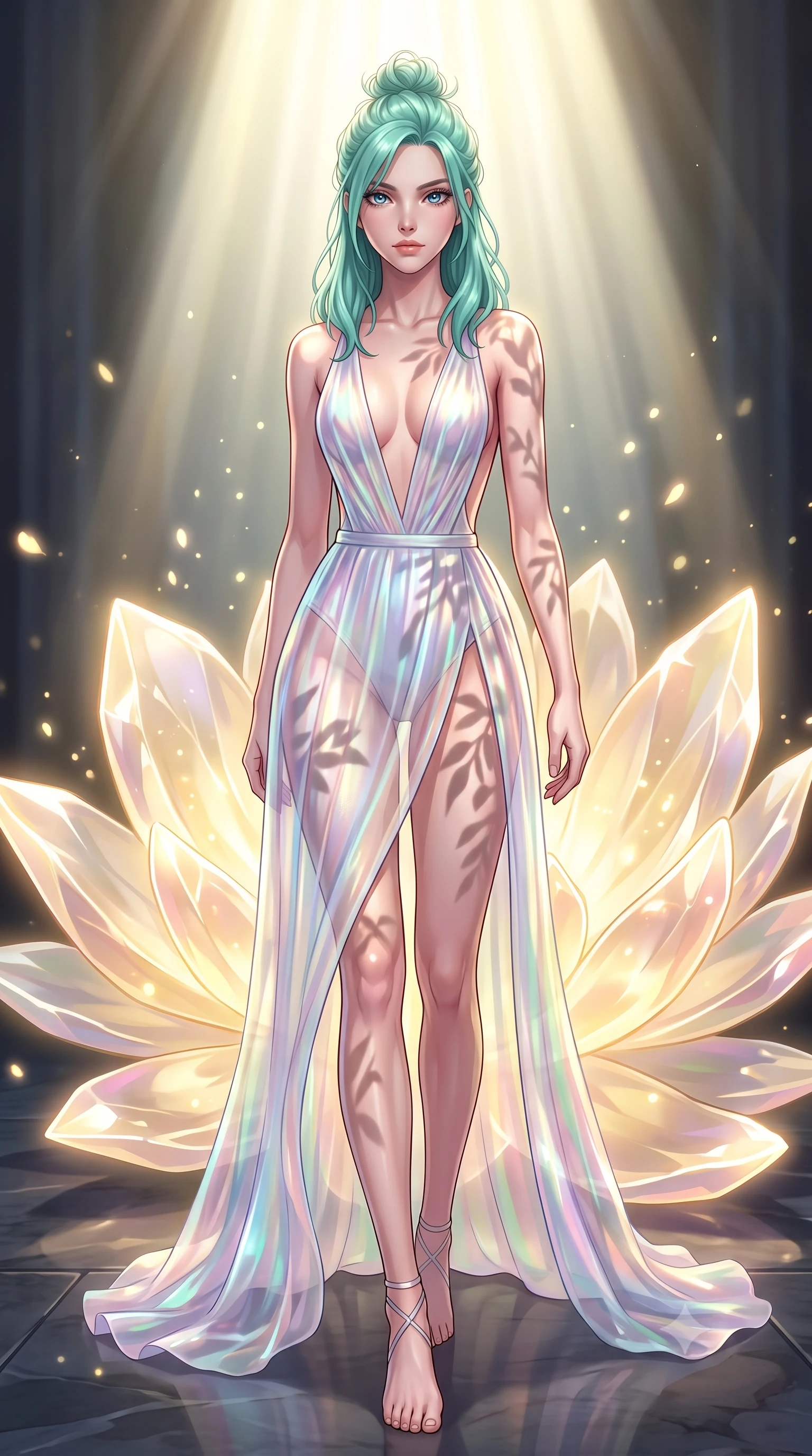 score_9, masterpiece, best quality, ultra-detailed, high-budget anime keyframe, editorial fashion photography, tasteful artistic composition, Japanese woman. low angle full-body shot from head to toe showing her feet, filling the entire 9:16 vertical frame with her statuesque presence, stretching her vertical silhouette. stepping forward with proud posture, filling the vertical frame with her magnetic presence resting near a giant solar-powered crystal flower emitting soft warm light, glowing pollen particles drifting gracefully around her form. She has an absolutely perfect, statuesque 8.5-heads proportion, an exceptionally tall and slender model-like female figure with impossibly long slender legs and an ultra-slim waist. sharp v-shaped jawline, high-bridge nose, intricate jewel-like eyes with depth, thick eyelashes, glossy lips with a natural sheen. wearing a translucent iridescent chiffon gown with a dramatic plunging neckline and open back, the glove-like fit emphasizing her statuesque silhouette. illuminated by brilliant sunbeams casting organic leaf stencil shadows. highly saturated vibrant anime colors, detailed shading with soft gradients, rich glossy textures, high-contrast stereoscopic depth, volumetric dynamic lighting, master piece, 9:16 ratio