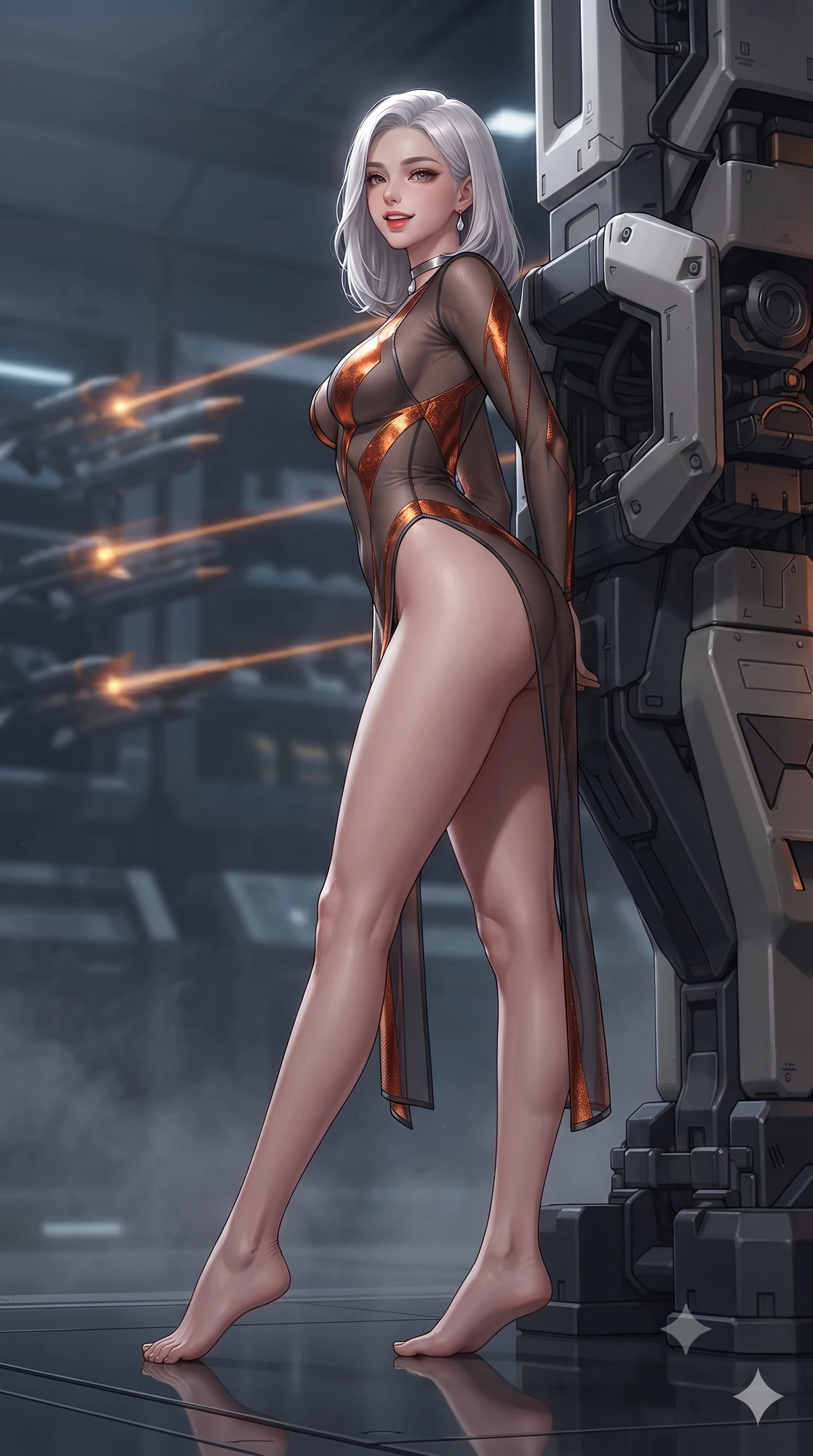 score_9, masterpiece, best quality, ultra-detailed, high-budget anime keyframe, editorial fashion photography, tasteful artistic composition, Korean woman. low angle full-body shot from head to toe showing her feet, filling the entire 9:16 vertical frame with her statuesque presence, stretching her vertical silhouette. executing a slow, graceful pivot turn as her skirt sways around her slender legs, glancing back with an enchanting, teasing sensual expression while leaning against the robotic loader pylon with hips cocked back, watching amber laser targeting beams scan floating munitions with intoxicating bedroom-eyes. The background shows a soft-focus zero-gravity particulate haze softened in orbital defense armory shallow focus. She has an exceptionally tall and slender model-like 8.5-heads proportion, an ultra-slim waist, a flat toned midriff, narrow delicate ribcage, and beautifully sculpted feminine hips creating a graceful, slim hourglass silhouette without any bulky heaviness, with impossibly long slender legs. sharp v-shaped jawline, high-bridge nose, intricate jewel-like sparkling eyes with depth, thick eyelashes, glossy parted lips with a natural peach sheen, bright cheerful beaming smile with an enchanting and coquettish sensual glint, exuding both youthful cute charm and seductive allure, flawlessly proportioned anatomical accuracy, strict slender model proportions, natural body alignment, perfectly sculpted long slender limbs, ultra-slim waistline, clean dynamic posture without body distortion. wearing a provocative sheer-illusion tactical combat bodysuit with strategic metallic foil flocking and high-cut leg openings in volcanic ember orange and brushed gunmetal, woven from fine semi-opaque stretch illusion mesh tracing her slender contours, finished with a minimalist chrome choker and a single teardrop diamond pendant, the high-slit wrap tailoring accentuating her ultra-slim waistline and the enchanting curve of her feminine hips with alluring seductive charm. illuminated by dark titanium floor reflection bounce and sharp platinum-amber rim lights sculpting her jawline, narrow waist, and curvy hips. ultra-reflective glossy finish, specular highlights, rich textural contrasts, high-contrast stereoscopic depth, volumetric dynamic lighting, 2k, ultra detail, master piece, 9:16 ratio