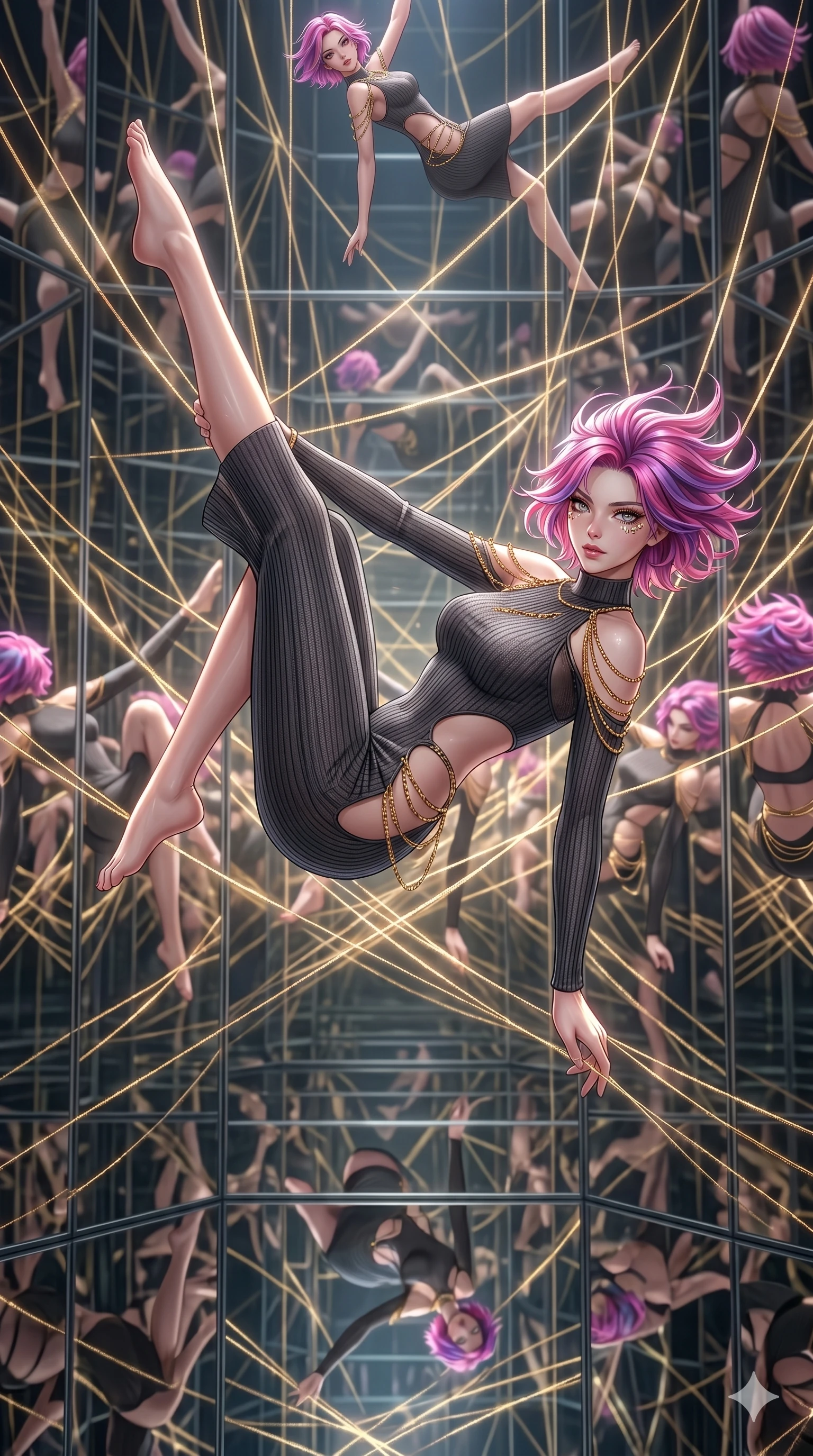 score_9, masterpiece, best quality, ultra-detailed, High-budget Anime Keyframe, East Asian woman. Dynamic full-body shot stretching the vertical silhouette to the limit. Scenario 66: Suspended by invisible silk threads in a hall of mirrors. Her presence is magnetic and overpowering in this high-budget anime scene. Outfit 66: A ribbed bodycon knit mesh with a strategic side cut-outs and fine gold chains. The clothing is designed to emphasize her exceptionally tall and slender 8-heads proportion. 8-heads proportion, towering silhouette, ultra-slim waist. sharp v-shaped jawline, intricate jewel-like eyes with depth, thick eyelashes, glossy lips. 2k, ultra detail, master piece, 9:16 ratio