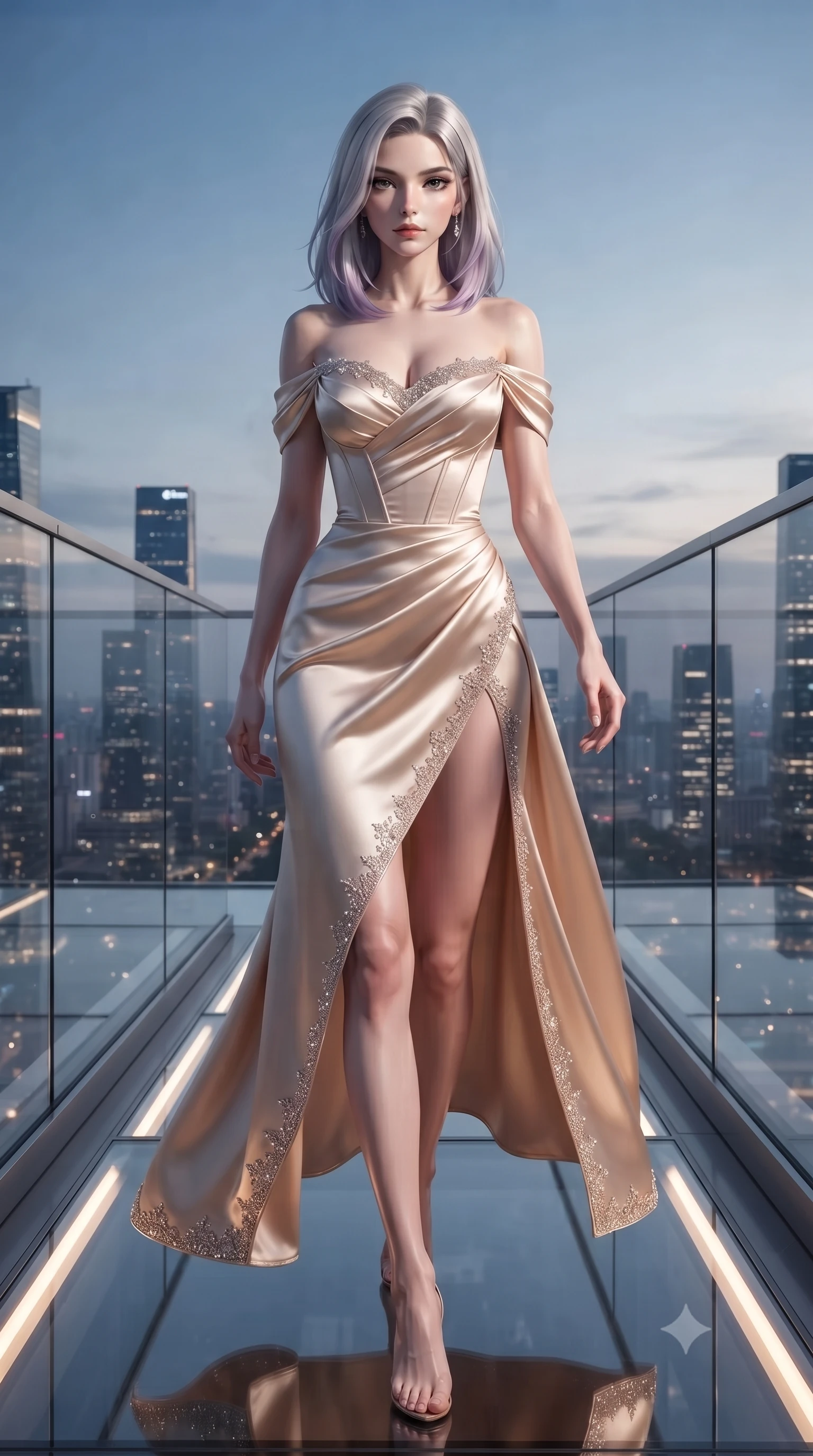 score_9, masterpiece, best quality, ultra-detailed, high-budget anime keyframe, editorial fashion photography, tasteful artistic composition, Caucasian woman. low angle full-body shot from head to toe showing her feet, filling the entire 9:16 vertical frame with her statuesque presence, stretching her vertical silhouette. stepping forward gracefully in mid-motion, displaying her toned flat midriff and flawlessly sculpted slender limbs while striding along the illuminated glass deck with effortless high-fashion authority and statuesque poise. The surrounding environment is rendered in vivid detail and crisp panoramic clarity. sleek modern luxury chiaroscuro and futuristic skyline elegance rendered with environmental precision. She has an absolutely perfect, statuesque 8.5-heads proportion, an exceptionally tall and slender model-like female figure with impossibly long slender legs, a toned flat midriff, and an ultra-slim waist. sharp v-shaped jawline, high-bridge nose, intricate jewel-like eyes with depth, thick eyelashes, glossy lips with a natural sheen, captivating and magnetic expression, flawlessly proportioned anatomical accuracy, strict slender model proportions, natural body alignment, perfectly sculpted long slender limbs, ultra-slim waistline, clean dynamic posture without body distortion. wearing a statuesque off-shoulder champagne satin gala dress featuring a thigh-high side slit and draped corset bodice in champagne ivory and rose gold, tailored from ultra-smooth duchess satin with a pearlescent sheen, finished with delicate crystal embroidery along the neckline and hem, the breezy yet form-flattering drape swaying gracefully with her steps, accentuating her long willowy limbs and slim waistline. illuminated by crisp directional edge lights sharply sculpting her slender waist and long slender legs. ultra-reflective glossy finish, specular highlights, rich textural contrasts, high-contrast stereoscopic depth, volumetric dynamic lighting, 2k, ultra detail, master piece, 9:16 ratio