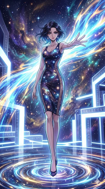 score_9, masterpiece, best quality, ultra-detailed, Set A: High-budget Anime Keyframe, Korean woman. Low angle cowboy shot filling the entire 9:16 frame with her statuesque presence. Theme: Abstract Cosmic. unleashing a massive energy wave in a templ