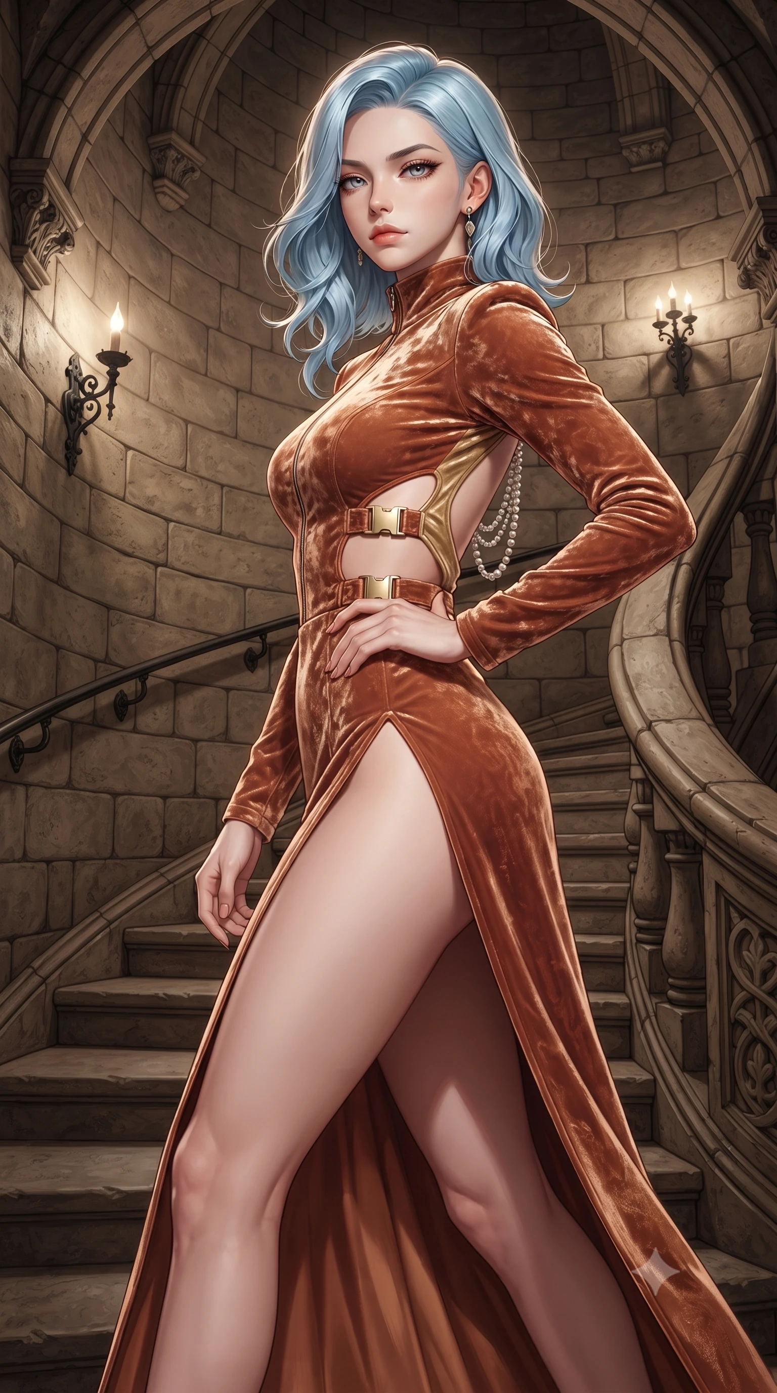 score_9, masterpiece, best quality, ultra-detailed, high-budget anime keyframe, editorial fashion photography, tasteful artistic composition, Korean woman. close-up cowboy shot from the waist and thighs up, the character dominates the composition, filling the frame with her large presence. tilting her chin up with proud, sovereign allure while gazing through thick eyelashes, one hand resting on her waist in pure supermodel charisma while gliding down the spiraling stone castle staircase with supermodel poise, her high-slit skirt opening to reveal her long slender legs and curvy hips. The surrounding environment is rendered in vivid detail and crisp panoramic clarity. sharp aged castle masonry grain, wrought-iron wall sconces, and carved oak wood textures in deep focus. She has an exceptionally elegant, slender, and willowy female figure with an ultra-slim waist, flat toned midriff, narrow ribcage, and sculpted feminine hips creating an alluring, slim hourglass silhouette without bulk. sharp v-shaped jawline, high-bridge nose, intricate jewel-like eyes with depth, thick eyelashes, glossy parted lips with a natural sheen, intensely captivating and seductive bedroom-eyes expression, flawlessly proportioned anatomical accuracy, strict slender model proportions, natural body alignment, perfectly sculpted long slender limbs, ultra-slim waistline, clean dynamic posture without body distortion. wearing a high-collar speedsuit featuring bold side-torso cutouts and quick-release titanium buckles in desert terracotta copper and sun-baked sand gold, crafted from heavyweight crushed silk velvet with liquid vintage luster, accented with a multi-strand pearl back necklace cascading down her bare spine to her hips, the precision-cut side openings and low-back scoop framing her graceful spine and the sensual sweep of her slim, toned hips. illuminated by crisp directional rim lighting sharply carving her razor-sharp jawline, narrow waist, and curvy hips. ultra-reflective glossy finish, specular highlights, rich textural contrasts, high-contrast stereoscopic depth, volumetric dynamic lighting, 2k, ultra detail, master piece, 9:16 ratio
