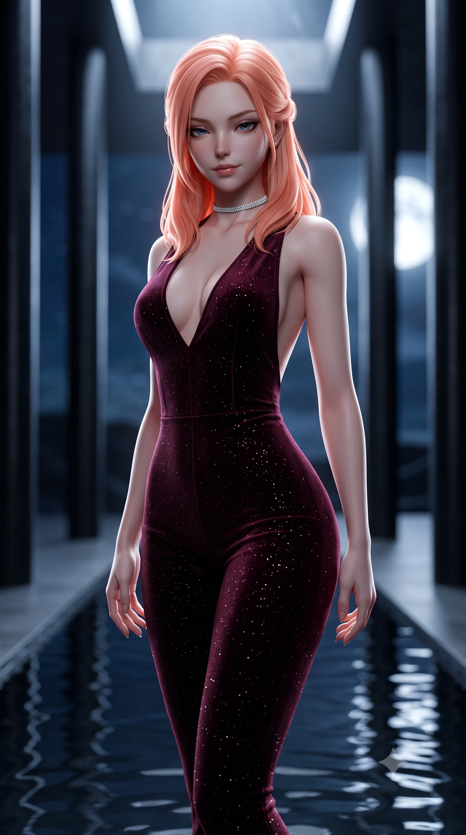 score_9, masterpiece, best quality, ultra-detailed, high-budget anime keyframe, semi-realistic 3D game render, editorial fashion photography, tasteful artistic composition, Japanese woman. close-up cowboy shot from the waist and thighs up, the character dominates the composition, filling the frame with her large presence. glancing down over lowered lashes before meeting the camera with quiet, devastating intensity, her tailored outfit tracing her ultra-slim waist and hips while standing poised in the center of the shallow reflection basin with hips cocked back, casting an ethereal, dangerous bedroom-gaze toward the camera. The composition keeps background elements in soft focus with dreamy creamy bokeh. soaring minimalist black basalt columns and distant open midnight sky with bright full moon blurred into cold platinum, silver, and obsidian bokeh. She has an exceptionally elegant, slender, and willowy female figure with an ultra-slim waist, flat toned midriff, narrow ribcage, and sculpted feminine hips creating an alluring, slim hourglass silhouette without bulk. sharp v-shaped jawline, high-bridge nose, intricate jewel-like dark sparkling eyes with dangerous depth, thick curled eyelashes, glossy parted lips with a rich wine sheen, smoldering seductive half-smile with bedroom-eyes, exuding effortless superiority and intoxicating dark allure, flawlessly proportioned anatomical accuracy, strict slender model proportions, natural body alignment, perfectly sculpted long slender limbs, ultra-slim waistline, clean dynamic posture without body distortion. wearing a second-skin dark burgundy stretch-velvet jumpsuit with a plunging neckline and open back in dark burnt copper and matte black, woven from metallic lurex thread casting subtle starlight glints across the fabric, finished with a delicate diamond choker catching the chandelier light, the form-contouring cut accentuating her sculpted flat midriff, narrow delicate ribcage, and gracefully curvy hips with sovereign high-fashion precision. bathed in cold silvery moonlight filtered from a dramatic high skylight opening. highly saturated vibrant anime colors, detailed shading with soft gradients, rich glossy textures, high-contrast stereoscopic depth, volumetric dynamic lighting, master piece, 9:16 ratio