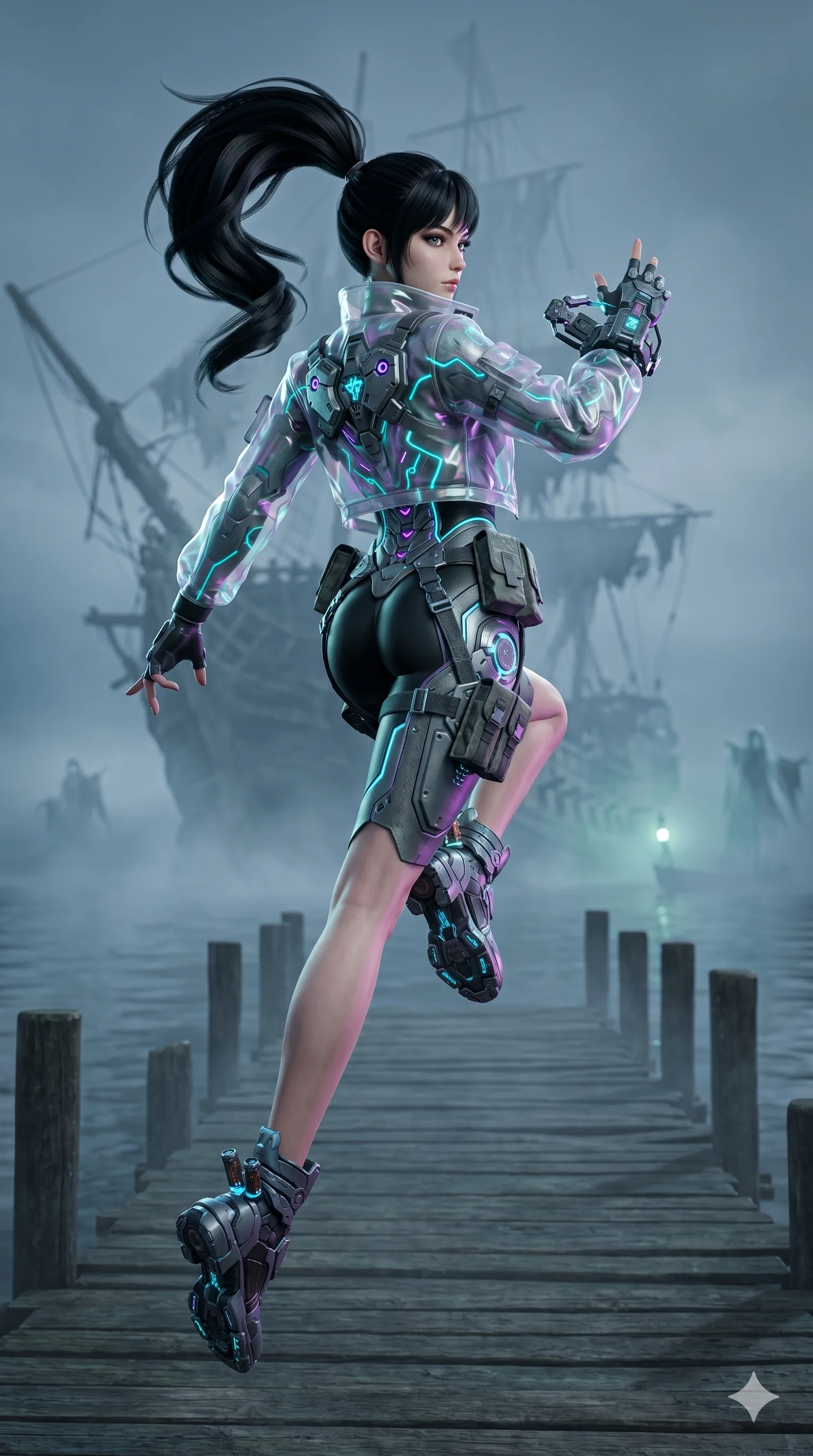 score_9, masterpiece, best quality, ultra-detailed, semi-realistic 3D game render, high-fidelity textures, Unreal Engine 5 style, Caucasian (strictly human ears) woman. Mid-air action shot capturing a graceful twist and vertical silhouette. standing on a pier as a ghost ship disappears into the fog. She has an absolutely perfect 8-heads proportion, an exceptionally tall and slender female figure with graceful and slender proportions. strictly human anatomy, two legs only, no extra limbs, clearly defined legs and arms, perfect anatomy, perfect hands and fingers. sharp v-shaped jawline, high-bridge nose, intricate jewel-like eyes, thick eyelashes, glossy lips. Wearing Tech-Fantasy: Cybernetic tech-suit with glowing seams, translucent jacket over a bodysuit, and modular tactical gear. The scene is illuminated by dramatic atmospheric lighting and vibrant color palettes. , 2k, ultra detail, master piece, 9:16 ratio