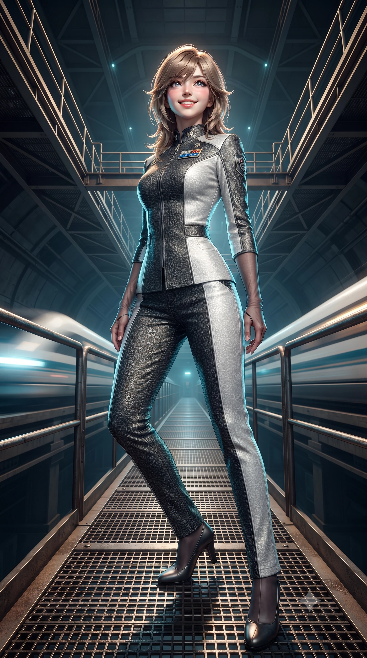 score_9, masterpiece, best quality, ultra-detailed, high-budget anime keyframe, editorial fashion photography, tasteful artistic composition, Korean woman. low angle full-body shot from head to toe showing her feet, filling the entire 9:16 vertical frame with her statuesque presence, stretching her vertical silhouette. sitting poised on the stone steps with one knee bent, arching her spine with supermodel elegance as she glances upward through thick eyelashes while standing poised on the industrial steel catwalk suspended over the massive maglev junction, arching her spine with commanding haute-couture presence as high-speed trains shoot past. The surrounding environment is rendered in vivid detail and crisp panoramic clarity: detailed garment construction, tactical leather sheen, and monumental subterranean infrastructure in high resolution. She has an exceptionally tall and slender model-like 8.5-heads proportion, an ultra-slim waist, a flat toned midriff, narrow delicate ribcage, and beautifully sculpted feminine hips creating a graceful, slim hourglass silhouette without any bulky heaviness, with impossibly long slender legs. sharp v-shaped jawline, high-bridge nose, intricate jewel-like sparkling eyes with depth, thick eyelashes, glossy parted lips with a natural peach sheen, bright cheerful beaming smile with an enchanting and coquettish sensual glint, exuding both youthful cute charm and seductive allure, flawlessly proportioned anatomical accuracy, strict slender model proportions, natural body alignment, perfectly sculpted long slender limbs, ultra-slim waistline, clean dynamic posture without body distortion. wearing a tailored orbital colony command uniform in dark grey and white paneling with rank insignia pins and tailored straight-leg trousers in arctic cryo-glacier ice blue and platinum white, tailored from high-density tech-wool with subtle metallic thread weave, complemented by sheer opera-length evening gloves tracing her slender arms, the impeccably tailored cut draping gracefully along her slender figure with aristocratic poise. illuminated by steel catwalk reflection bounce and sharp electric-cyan rim lights sculpting her jawline, narrow waist, and curvy hips. ultra-reflective glossy finish, specular highlights, rich textural contrasts, high-contrast stereoscopic depth, volumetric dynamic lighting, 2k, ultra detail, master piece, 9:16 ratio