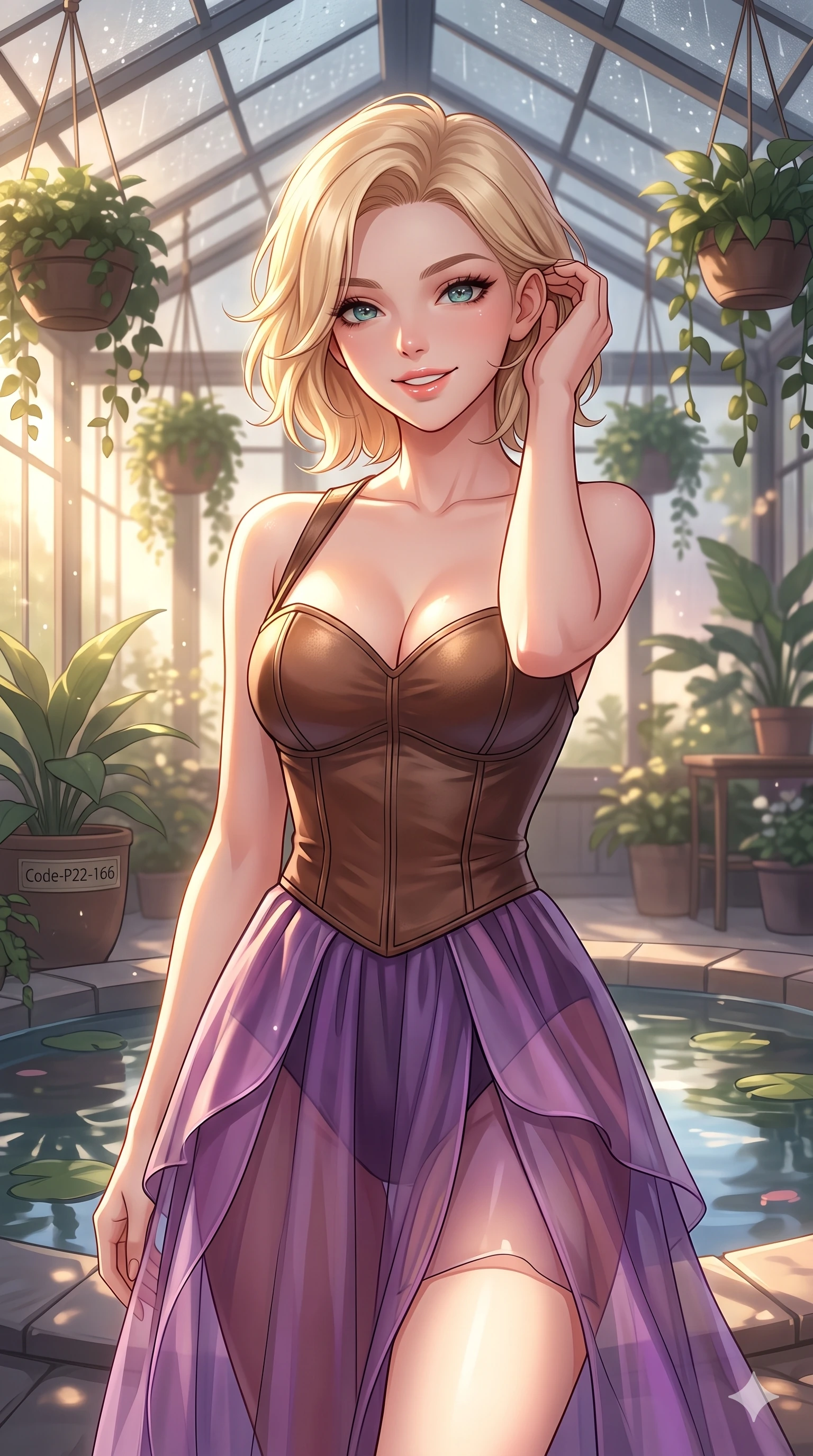 score_9, masterpiece, best quality, ultra-detailed, high-budget anime keyframe, vibrant anime aesthetic, Caucasian woman, strictly human ears. close-up cowboy shot from the waist and thighs up, the character dominates the composition, filling the frame with her large presence, background elements kept in soft focus. She is smiling delightfully while tucking a lock of hair behind her ear, gazing at the camera with sparkling eyes with a captivating and confident presence. the background shows a soft-focus spacious greenhouse cafe filled with hanging plants, where rain drums softly on the glass roof panels (Code-P22-166). She has an absolutely perfect proportion, an exceptionally elegant and slender female figure with an ultra-slim waist. V-shaped jawline, high-bridge nose, intricate jewel-like eyes with depth, thick eyelashes, glossy lips with a natural sheen. wearing a structured leather bodice featuring a sweetheart neckline and a translucent skirt in amethyst purple and silk overlays. She is bathed in soft, glowing golden hour sun casting long, elegant shadows, highlighting her winking face and glossy lips by the quiet garden pond. 2k, ultra detail, master piece, 9:16 ratio