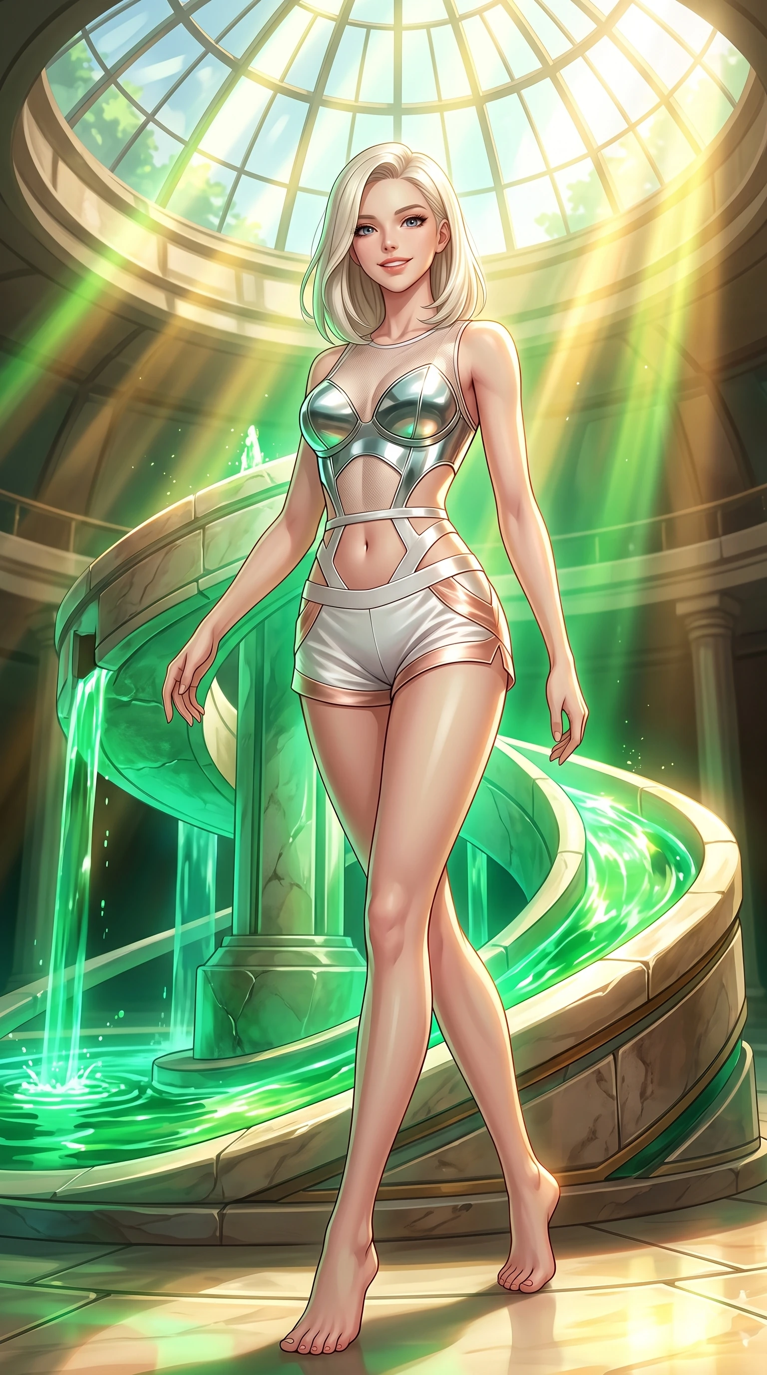 score_9, masterpiece, best quality, ultra-detailed, high-budget anime keyframe, editorial fashion photography, tasteful artistic composition, Caucasian woman. low angle full-body shot from head to toe showing her feet, filling the entire 9:16 vertical frame with her statuesque presence, stretching her vertical silhouette. forging dynamically through the scene with a happy infectious smile, her ultra-slim waist creating a sweeping curve while pivoting dynamically beside a hydro-flow spiral fountain flowing with bright emerald sap, intense volumetric sunbeams filtering through the glass dome ceiling in bright golden rays. She has an absolutely perfect, statuesque 8.5-heads proportion, an exceptionally tall and slender model-like female figure with impossibly long slender legs and an ultra-slim waist. sharp v-shaped jawline, high-bridge nose, intricate jewel-like eyes with depth, thick eyelashes, glossy lips with a natural sheen, flawlessly proportioned anatomical accuracy, natural body alignment, perfectly sculpted elegant limbs, clean dynamic posture without body distortion. wearing a chrome-plated structured bodice worn over a sheer mesh top and micro-shorts in pearl white and rose gold, crafted from lustrous satin jersey with fluid draping, featuring subtle geometric cutouts that highlight her ultra-slim midriff, the form-contouring material highlighting her ultra-slim waist and long lines. bathed in warm golden sunlight and bright emerald bioluminescent glow. highly saturated vibrant anime colors, detailed shading with soft gradients, rich glossy textures, high-contrast stereoscopic depth, volumetric dynamic lighting, master piece, 9:16 ratio