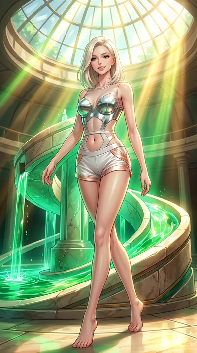 score_9, masterpiece, best quality, ultra-detailed, high-budget anime keyframe, editorial fashion photography, tasteful artistic composition, Caucasian woman. low angle full-body shot from head to toe showing her feet, filling the entire 9:16 vertica