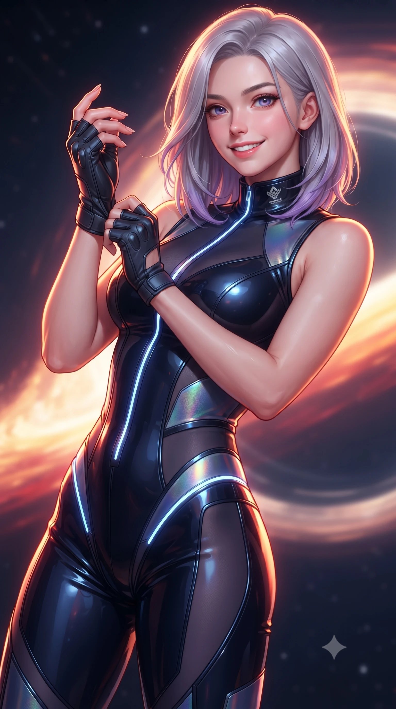 score_9, masterpiece, best quality, ultra-detailed, high-budget anime keyframe, editorial fashion photography, tasteful artistic composition, Caucasian woman. close-up cowboy shot from the waist and thighs up, the character dominates the composition, filling the frame with her large presence. adjusting her tactical glove with cool confidence, her bright smile capturing fresh girlhood charm while her arched torso reveals an intoxicating hip contour while twisting her slender torso in an alluring S-curve, extreme relativistic Doppler-shifted light painting her narrow waist and curvy hips in fire. The background shows a soft-focus relativistic jet beams shooting into infinity and quantum shielding fields softened in mind-bending cosmic shallow focus. She has an exceptionally elegant, slender, and willowy female figure with an ultra-slim waist, flat toned midriff, narrow ribcage, and sculpted feminine hips creating an alluring, slim hourglass silhouette without bulk. sharp v-shaped jawline, high-bridge nose, intricate jewel-like sparkling eyes with depth, thick eyelashes, glossy parted lips with a natural sheen, bright confident smile with an enchanting and coquettish sensual glint, exuding both youthful magnetic charm and sovereign high-tech allure, flawlessly proportioned anatomical accuracy, strict slender model proportions, natural body alignment, perfectly sculpted long slender limbs, ultra-slim waistline, clean dynamic posture without body distortion. wearing a sleeveless high-collar cyber pilot suit in liquid-look obsidian jersey with strategic sheer ventilation panels in midnight navy blue and holographic iridescent shimmer, crafted from lightweight aerodynamic matte carbon-fiber weave with structural stiffness, accented with glowing neon fiber-optic piping tracing her spine and hip lines, the form-fitting tactical tailoring adhering flawlessly to her sculpted flat midriff and slender torso, emphasizing her long leg lines and perfectly proportioned willowy build. bathed in intense, blazing golden and crimson relativistic light streaming from the accretion disk. ultra-reflective glossy finish, specular highlights, rich textural contrasts, high-contrast stereoscopic depth, volumetric dynamic lighting, 2k, ultra detail, master piece, 9:16 ratio