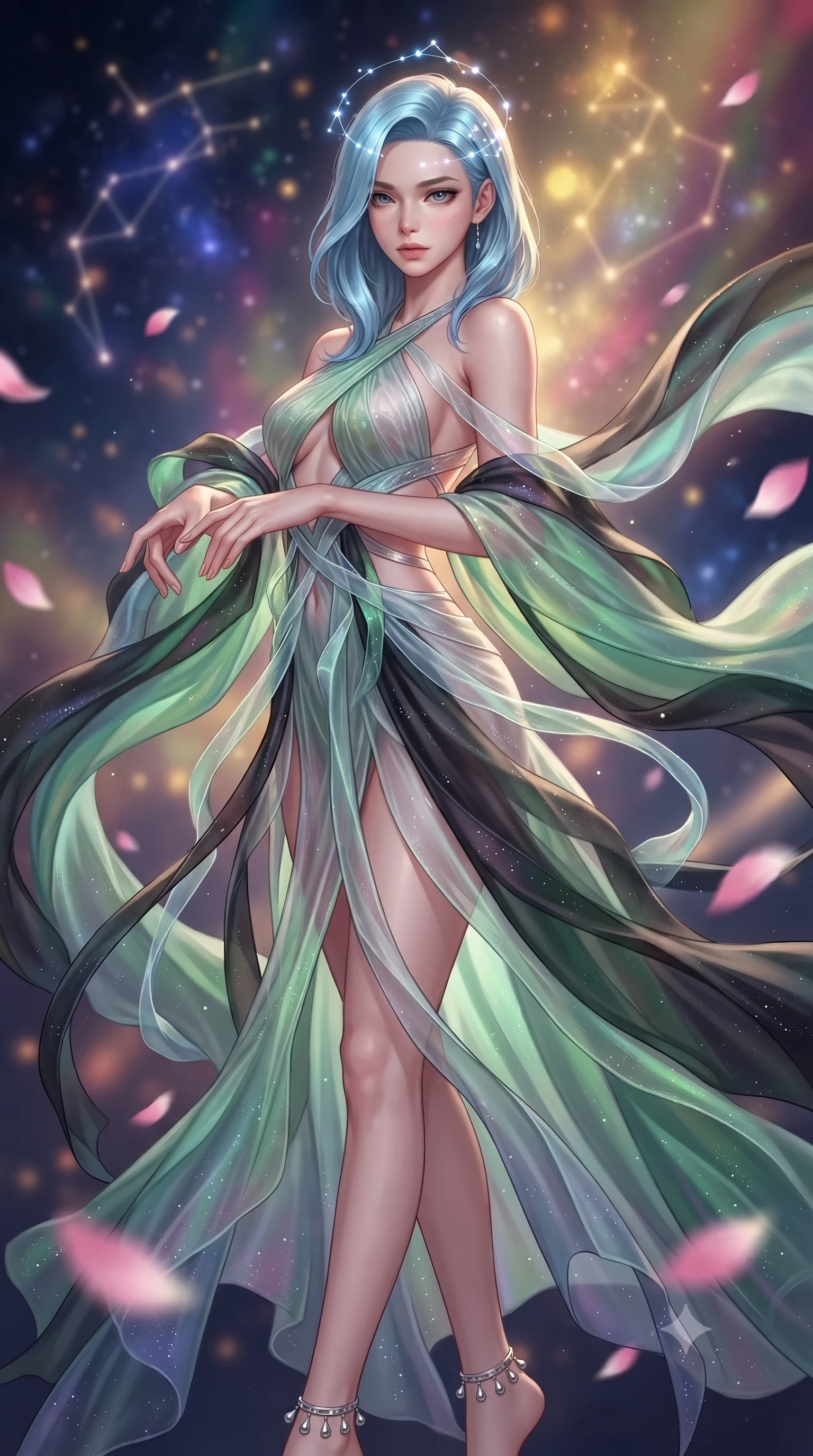 score_9, masterpiece, best quality, ultra-detailed, high-budget anime keyframe, editorial fashion photography, tasteful artistic composition, Korean woman. close-up cowboy shot from the waist and thighs up, the character dominates the composition, filling the frame with her large presence. holding her hands loosely in front with regal, aristocratic poise, radiating an overwhelming high-society aura while executing a slow zero-gravity spiral turn as iridescent organza drapes swirl around her statuesque silhouette. The composition keeps background elements in soft focus with creamy bokeh. floating holographic constellations and drifting pink lotus petals blurred into celestial indigo, gold, and magenta bokeh. She has an exceptionally elegant, slender, and willowy female figure with an ultra-slim waist, a gracefully sculpted slender torso, toned flat midriff, and a refined slim silhouette. sharp v-shaped jawline, high-bridge nose, intricate jewel-like eyes with depth, thick eyelashes, glossy lips with a natural sheen, captivating and magnetic expression, flawlessly proportioned anatomical accuracy, strict slender model proportions, natural body alignment, perfectly sculpted long slender limbs, ultra-slim waistline, clean dynamic posture without body distortion. wearing a zero-gravity celestial dancer gown with cascading iridescent ribbons and bare back harness in jade green and dark obsidian, tailored from crisp ceremonial cotton and multi-layered translucent chiffon, accented with dainty silver ankle bells and a glowing constellation circlet, the form-contouring material adhering flawlessly to her sculpted flat midriff and slender torso, emphasizing her long leg lines and perfectly proportioned willowy build. bathed in multidirectional celestial starlight and warm golden constellation backlighting. ultra-reflective glossy finish, specular highlights, rich textural contrasts, high-contrast stereoscopic depth, volumetric dynamic lighting, 2k, ultra detail, master piece, 9:16 ratio