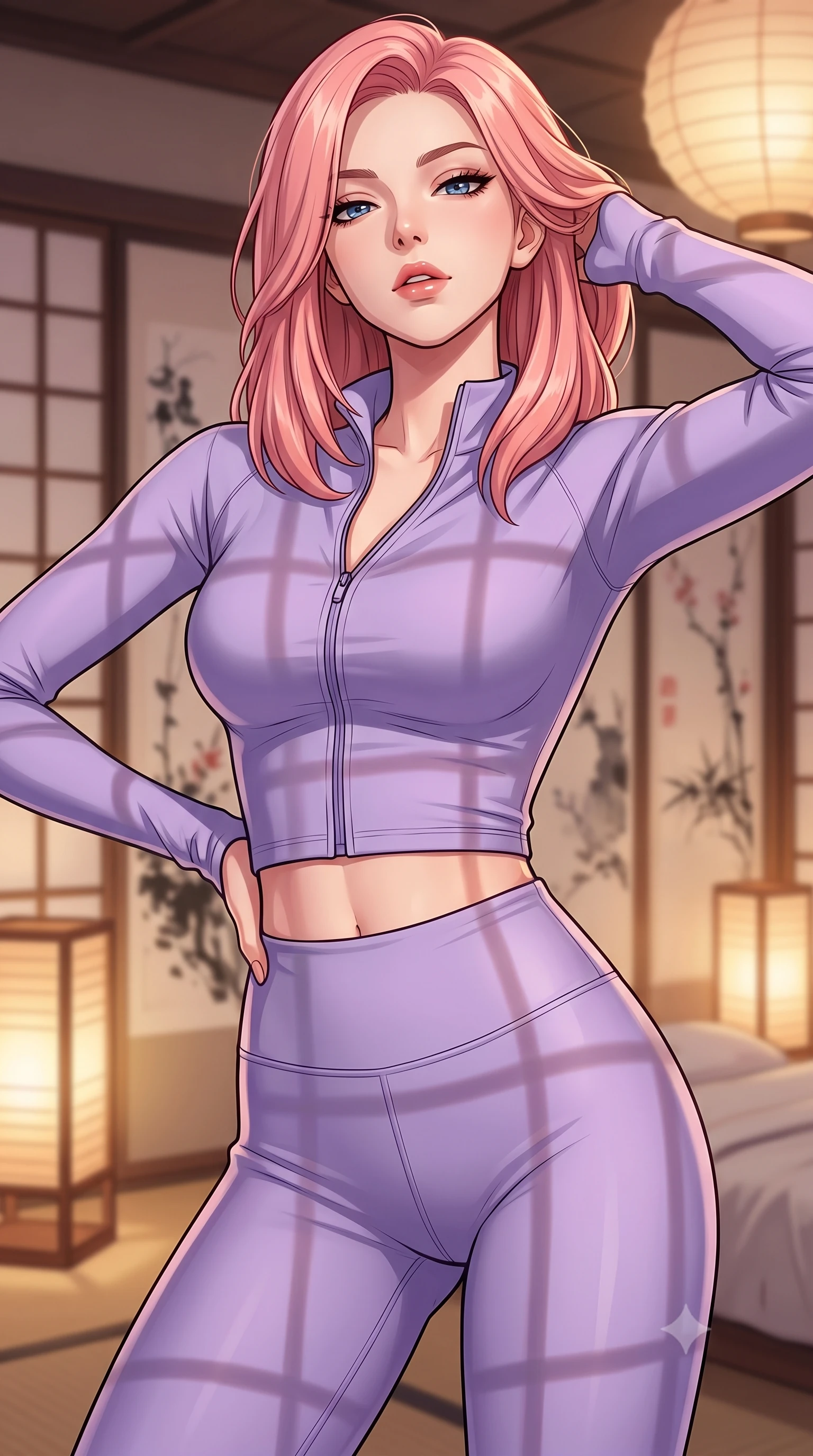 score_9, masterpiece, best quality, ultra-detailed, high-budget anime keyframe, tasteful artistic composition, Japanese woman. close-up cowboy shot from the waist and thighs up, the character dominates the composition, filling the frame with her large presence, background elements kept in soft focus. tilting her chin up slightly with lips parted in a composed, provocative expression the background shows a soft-focus a traditional paper screen bedroom decorated with delicate ink paintings. She has an exceptionally elegant, slender, and willowy female figure with an ultra-slim waist, a gracefully sculpted slender torso, and a refined silhouette. sharp v-shaped jawline, high-bridge nose, intricate jewel-like eyes with depth, thick eyelashes, glossy lips with a natural sheen. wearing a tailored body-hugging activewear set of a tailored zip-up long-sleeve crop top and matching high-waisted leggings in soft lavender. warm paper lanterns casting soft, diffused grid-like shadow lines. highly saturated vibrant anime colors, cel-shading, 2d style, master piece, 9:16 ratio