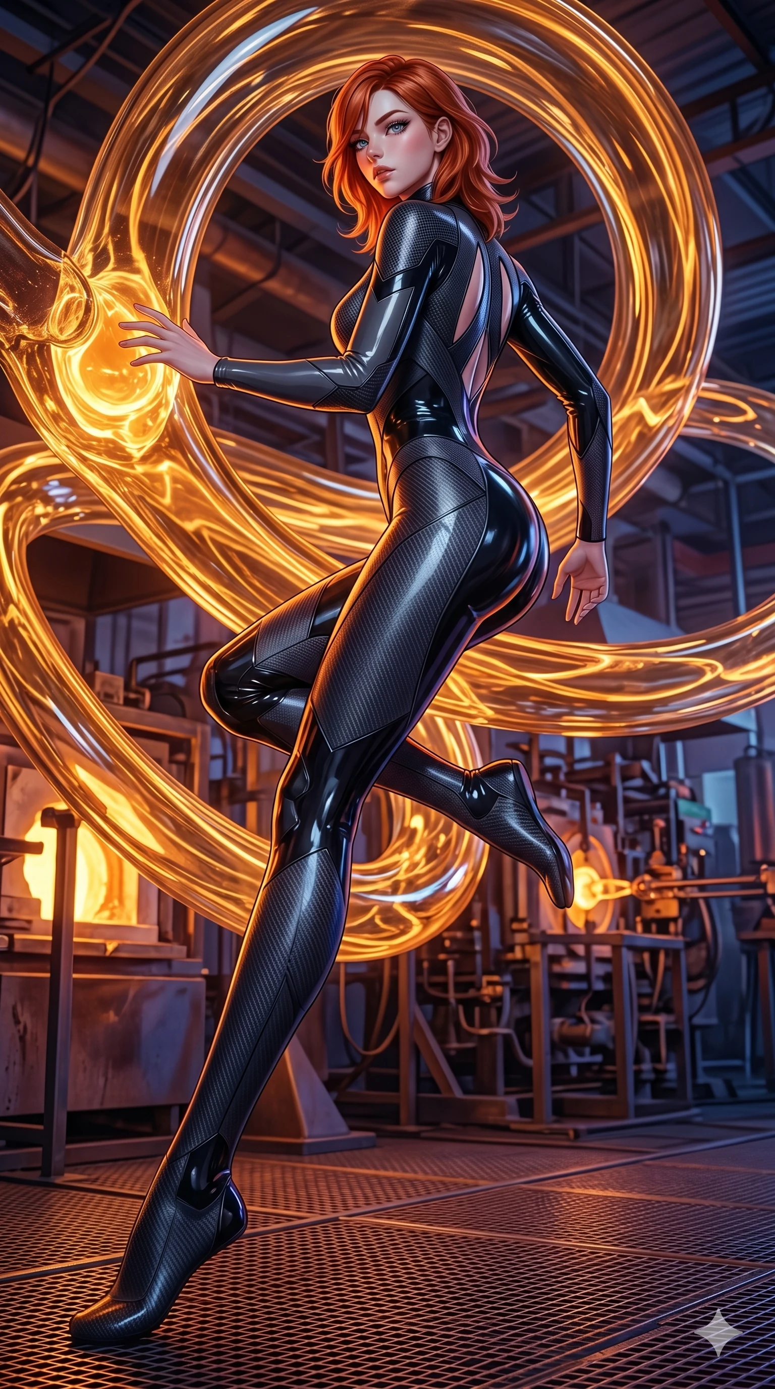 score_9, masterpiece, best quality, ultra-detailed, high-budget anime keyframe, Caucasian woman, strictly human ears. low angle full-body shot filling the entire 9:16 frame with her statuesque presence, stretching the vertical silhouette. bounding through a molten glass art studio where twisting, glowing amber glass tubes rotate like fluid rivers in a heated environment. She has an absolutely perfect 8-heads proportion, an exceptionally tall and slender female figure with impossibly long slender legs and an ultra-slim waist. V-shaped jawline, high-bridge nose, intricate jewel-like eyes with depth, thick eyelashes, glossy lips with a natural sheen.. wearing a second-skin carbon fiber combat suit, featuring matte carbon fiber and glossy latex panels with elegant slitted cutouts on the upper back. accented by dynamic color-blocked lighting with high-contrast shadows emphasizing her statuesque height. 2k, ultra detail, master piece, 9:16 ratio