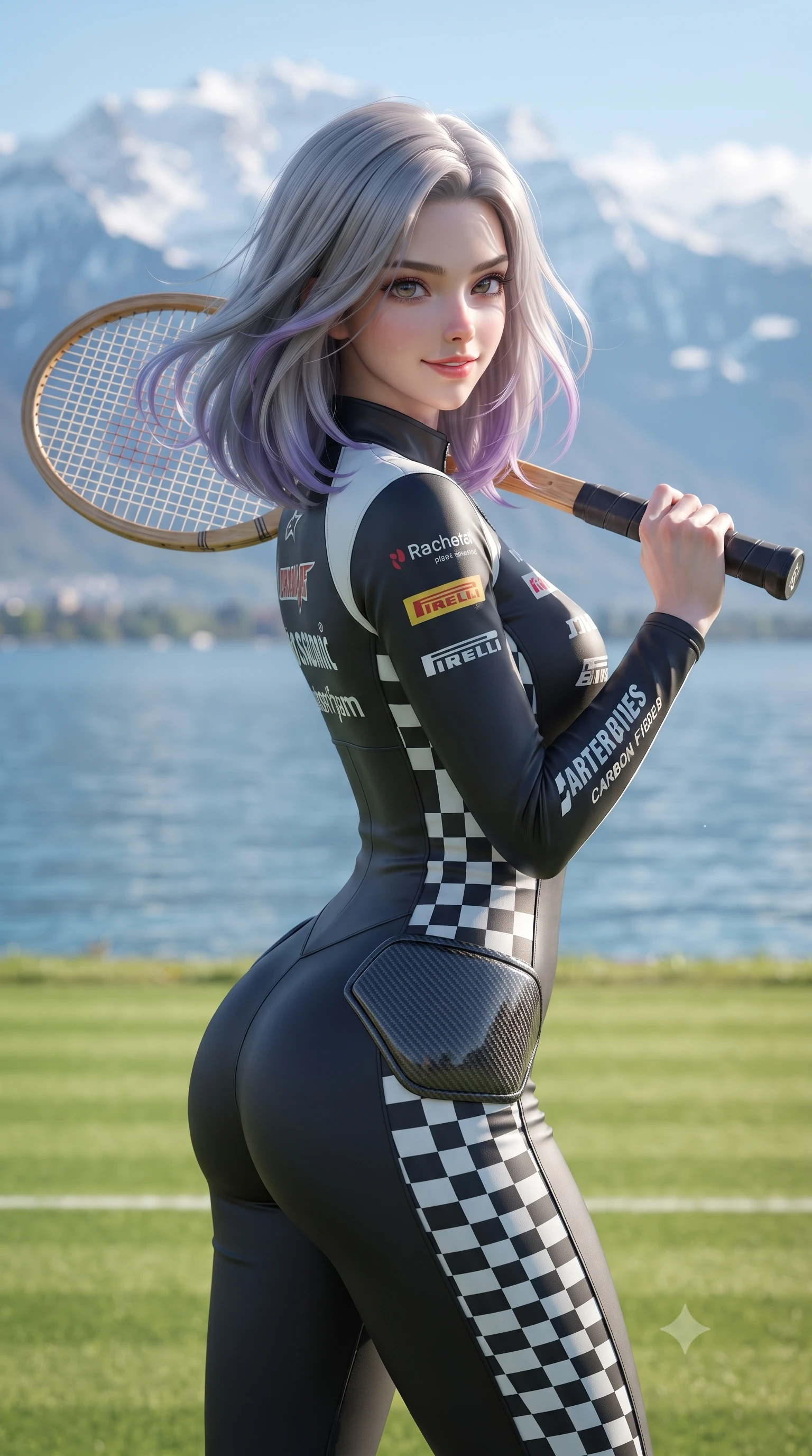 score_9, masterpiece, best quality, ultra-detailed, high-budget anime keyframe, editorial fashion photography, tasteful artistic composition, Caucasian woman. close-up cowboy shot from the waist and thighs up, the character dominates the composition, filling the frame with her large presence. turning slowly with a smoldering smile, her glossy hair tossing in the breeze as her hips angle gracefully in a captivating contrapposto while standing on the pristine grass court overlooking Lake Geneva, arching her back with high-society poise as snowy Mont Blanc glimmers in the distance. The background shows a soft-focus tranquil Lake Geneva waters and the majestic snow-covered dome of Mont Blanc blurred into icy sapphire, cloud white, and rose-gold bokeh. She has an exceptionally elegant, slender, and willowy female figure with an ultra-slim waist, flat toned midriff, narrow ribcage, and sculpted feminine hips creating an alluring, slim hourglass silhouette without bulk. sharp v-shaped jawline, high-bridge nose, sparkling eyes with athletic focus and depth, thick curled eyelashes, glossy parted lips with a natural coral-peach sheen, bright confident and coquettish smile with alluring bedroom-eyes, exuding both youthful sporty vigor and sovereign high-society glamour, flawlessly proportioned anatomical accuracy, strict slender model proportions, natural body alignment, perfectly sculpted long slender limbs, ultra-slim waistline, clean dynamic posture without body distortion. wearing a second-skin compression stretch racing catsuit with racing team sponsor graphics and sculpted carbon hip guards in matte obsidian black and checkered flag white, tailored from ultra-soft fine cashmere yarn with an airy athletic drape, featuring a vintage wooden tennis racket held casually over one shoulder, the glove-like aerodynamic silhouette tightly following the natural contour of her hips and long slender legs with youthful 8.5-heads elegance. bathed in luminous alpine morning sunlight cascading across the vast lake basin. ultra-reflective glossy finish, specular highlights, rich textural contrasts, high-contrast stereoscopic depth, volumetric dynamic lighting, 2k, ultra detail, master piece, 9:16 ratio