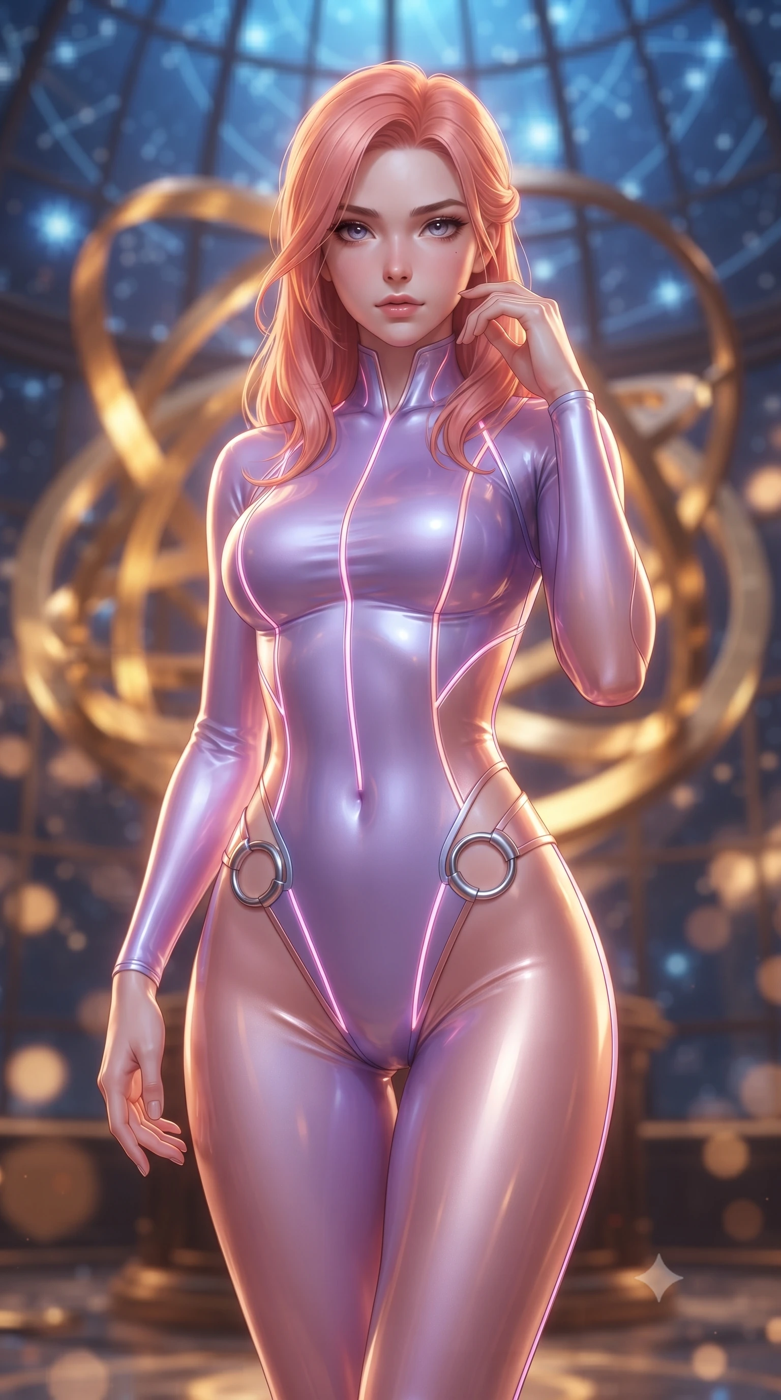 score_9, masterpiece, best quality, ultra-detailed, high-budget anime keyframe, editorial fashion photography, tasteful artistic composition, Japanese woman. close-up cowboy shot from the waist and thighs up, the character dominates the composition, filling the frame with her large presence. gazing directly into the lens with bedroom eyes and a breathtaking, dangerous allure that commands the entire composition while standing gracefully in the center of a grand glass observatory as giant interlocking golden astrolabe rings rotate around her. The composition keeps background elements in soft focus with creamy bokeh. rotating golden astrolabe rings and glowing blue star charts blurred into rich amber and sapphire bokeh. She has an exceptionally elegant, slender, and willowy female figure with an ultra-slim waist, a gracefully sculpted slender torso, toned flat midriff, and a refined slim silhouette. sharp v-shaped jawline, high-bridge nose, intricate jewel-like eyes with depth, thick eyelashes, glossy lips with a natural sheen, flawlessly proportioned anatomical accuracy, strict slender model proportions, natural body alignment, perfectly sculpted long slender limbs, ultra-slim waistline, clean dynamic posture without body distortion. wearing a skin-tight cybernetic bodysuit with glowing neon seams, deep hip cutouts, and an aerodynamic athletic fit in luminous lavender violet and rose gold, tailored from semi-translucent cybernetic vinyl with glowing micro-filaments, detailed with polished silver rings connecting the daring side-waist cutouts, the form-contouring material adhering flawlessly to her sculpted flat midriff and slender torso, emphasizing her long leg lines and perfectly proportioned willowy build. bathed in warm golden brass reflections and radiant sapphire starlight ambient fill. ultra-reflective glossy finish, specular highlights, metallic sheen, high-contrast stereoscopic depth, volumetric dynamic lighting, 2k, ultra detail, master piece, 9:16 ratio