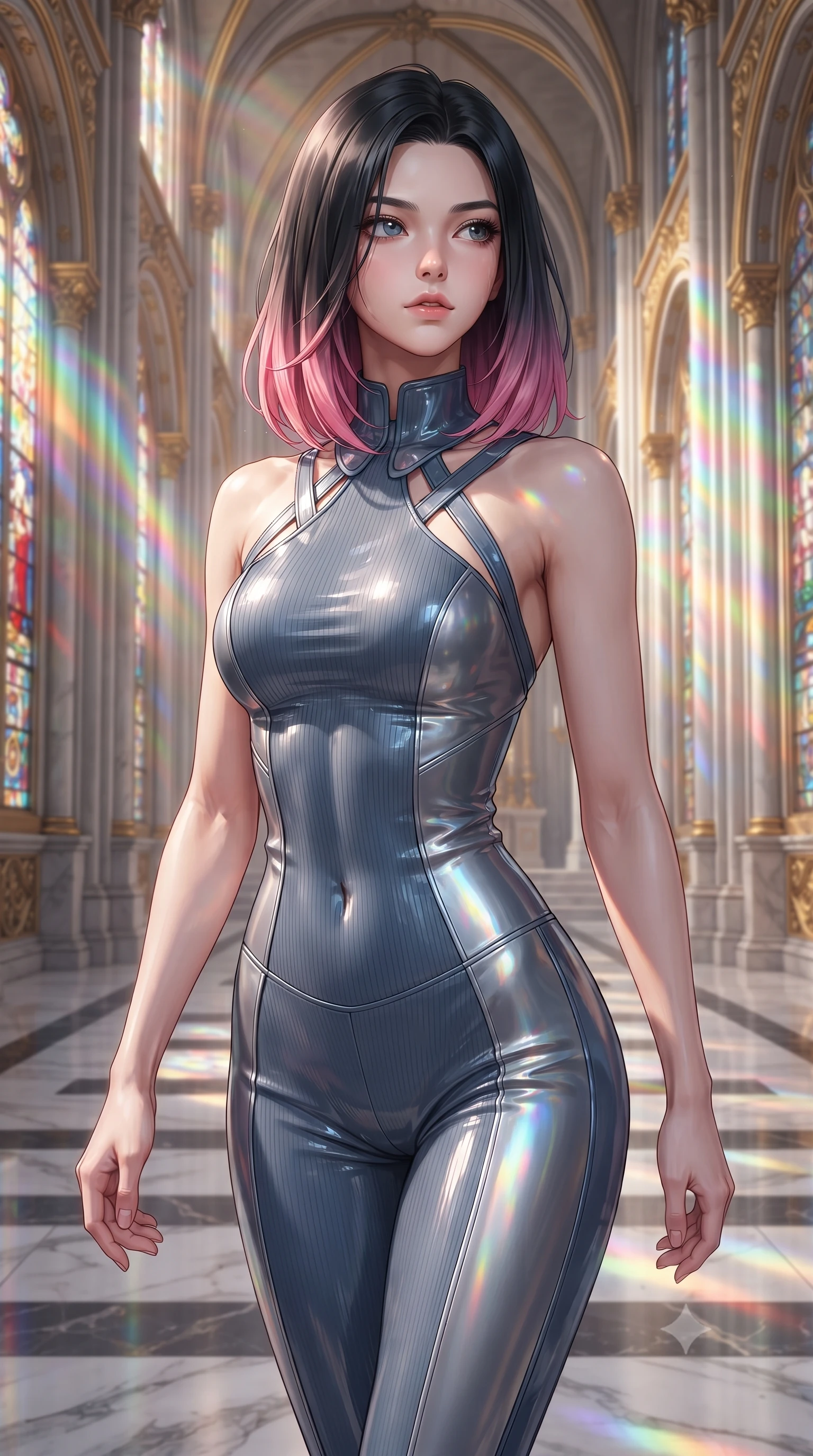 score_9, masterpiece, best quality, ultra-detailed, high-budget anime keyframe, editorial fashion photography, tasteful artistic composition, Korean woman. close-up cowboy shot from the waist and thighs up, the character dominates the composition, filling the frame with her large presence, background elements kept in soft focus. Gazing past the camera with an air of effortless elegance and mysterious confidence walking down a polished marble nave lined with tall stained glass arcades, golden filigree details on the architecture shining with brilliant luster. She has an exceptionally elegant, slender, and willowy female figure with an ultra-slim waist, a gracefully sculpted slender torso, and a refined silhouette. sharp v-shaped jawline, high-bridge nose, intricate jewel-like eyes with depth, thick eyelashes, glossy lips with a natural sheen. wearing a form-fitting ribbed activewear set with collar cutouts in slate blue and metallic silver, tailored from high-gloss patent leather, complemented by criss-cross back straps highlighting her bare shoulders, the tailored fabric tightly following every curve of her athletic build. bathed in cascading rainbow prismatic light refracting through stained glass. highly saturated vibrant anime colors, detailed shading with soft gradients, rich glossy textures, high-contrast stereoscopic depth, volumetric dynamic lighting, master piece, 9:16 ratio
