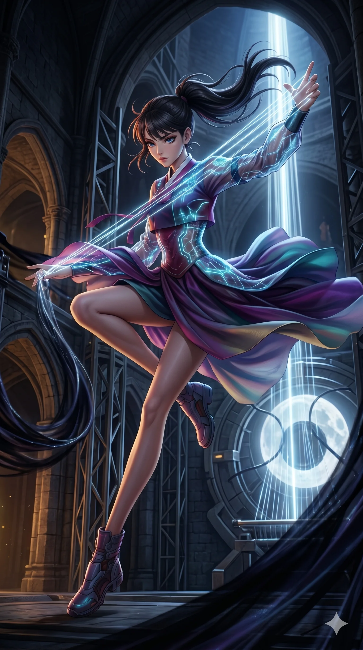score_9, masterpiece, best quality, ultra-detailed, photorealistic 8k CG, hyper-detailed textures, ray-tracing, Caucasian (strictly human ears) woman. Low angle cowboy shot capturing a powerful motion and statuesque presence. weaving armor out of moonlight and shadows in a dark tower. She has an absolutely perfect 8-heads proportion, an exceptionally tall and slender female figure with graceful and slender proportions. strictly human anatomy, two legs only, no extra limbs, clearly defined legs and arms, perfect anatomy, perfect hands and fingers. sharp v-shaped jawline, high-bridge nose, intricate jewel-like eyes, thick eyelashes, glossy lips. Wearing Modern Traditional: Shortened cyber-hanbok with fusion silk robes and transparent panels. The scene is illuminated by dramatic atmospheric lighting and vibrant color palettes. , 2k, ultra detail, master piece, 9:16 ratio