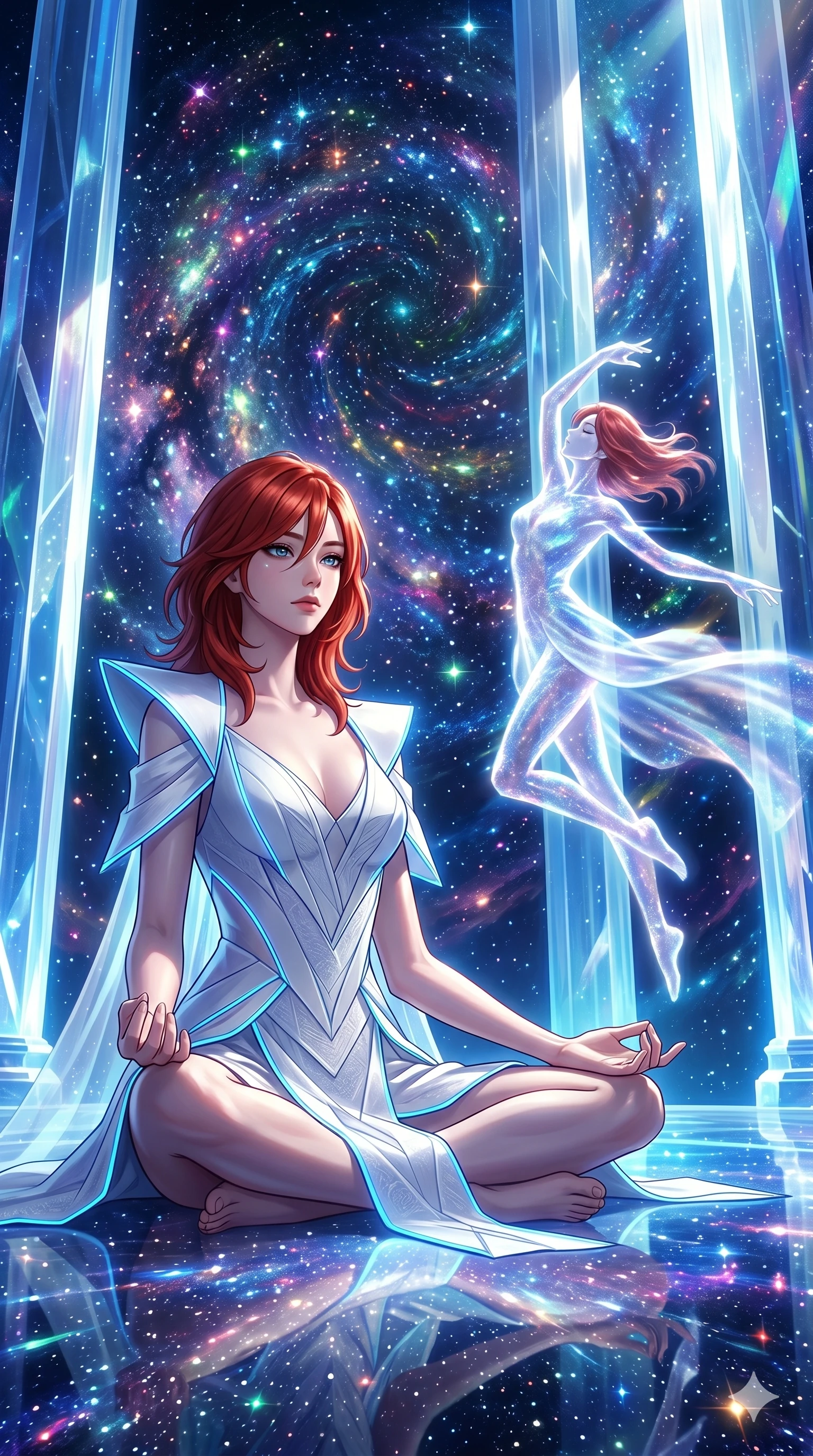score_9, masterpiece, best quality, ultra-detailed, Set A: High-budget Anime Keyframe, Korean woman. Low angle cowboy shot filling the entire 9:16 frame with her statuesque presence. Theme: Abstract Cosmic. meditating in a temple made of solid light, as her reflection in the air starts to dance independently 145. The atmosphere is filled with a swirling vortex of stars. She has an absolutely perfect 8-heads proportion, an exceptionally tall and slender female figure with impossibly long slender legs and an ultra-slim waist. Sharp v-shaped jawline, high-bridge nose, intricate jewel-like eyes with depth, glossy lips. Wearing Minimalist architectural white dress with sharp angles and glowing blue trim. Cinematic lighting, vivid colors, dramatic shadows, 2k, ultra detail, master piece, 9:16 ratio