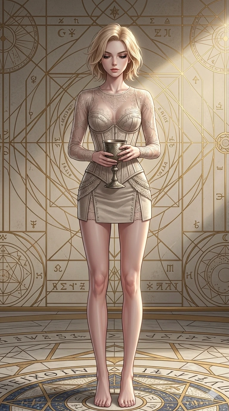score_9, masterpiece, best quality, ultra-detailed, high-budget anime keyframe, editorial fashion photography, tasteful artistic composition, Caucasian woman, strictly human ears. cowboy shot from the thighs up, character and outfit filling the frame for maximum editorial presence. holding a silver chalice, looking down in a composed, powerful gesture inside a mathematical temple room with golden geometric patterns on the walls (Code-P18-141). She has an absolutely perfect 8-heads proportion, an exceptionally tall and slender female figure with impossibly long slender legs and an ultra-slim waist. V-shaped jawline, high-bridge nose, intricate jewel-like eyes with depth, thick eyelashes, glossy lips with a natural sheen. wearing a semi-opaque sheer lace top paired with a structured corset and micro-skirt. bright cinematic key light tracing the sleek contours of her athletic figure. 2k, ultra detail, master piece, 9:16 ratio