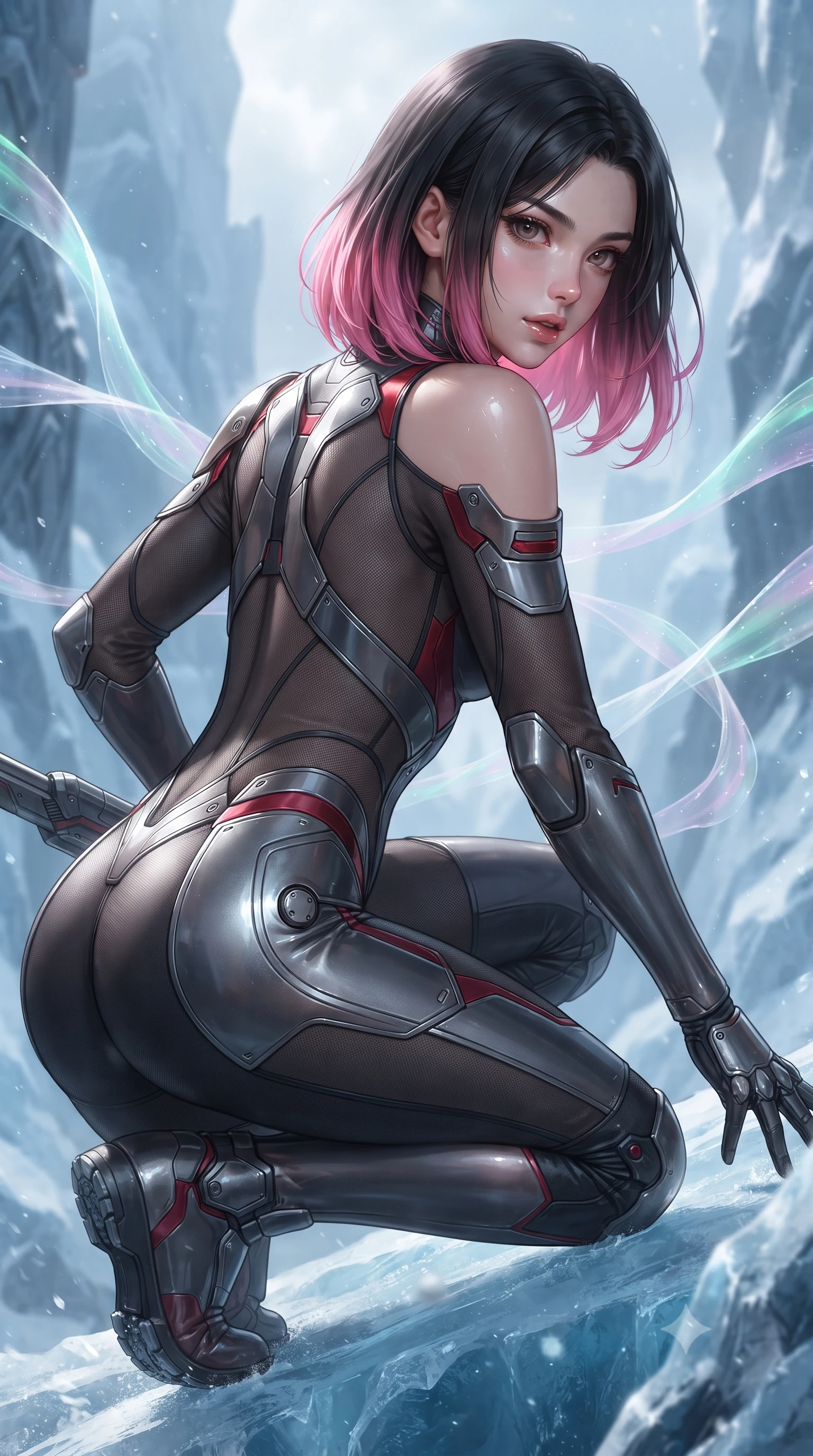 score_9, masterpiece, best quality, ultra-detailed, high-budget anime keyframe, editorial fashion photography, tasteful artistic composition, Korean woman. close-up cowboy shot from the waist and thighs up, the character dominates the composition, filling the frame with her large presence. turning over a bare shoulder with an intoxicating, teasing smile, her soft hair framing her sharp jawline as her hips angle gracefully while crouching low in a kinetic warrior stance on the ice ridge, her athletic feminine curves and sculpted glutes highlighted by aurora ribbons. The surrounding environment is rendered in vivid detail and crisp panoramic clarity. sharp chrome runestone carvings, glacier ice fissure clarity, and titanium armor panel seams in deep focus. She has an exceptionally elegant, slender, and willowy female figure with an ultra-slim waist, a gracefully sculpted slender torso, toned flat midriff, and rounded feminine hips creating an alluring hourglass silhouette. sharp v-shaped jawline, high-bridge nose, intricate jewel-like eyes with depth, thick eyelashes, glossy parted lips with a natural sheen, intensely captivating and seductive bedroom-eyes expression, flawlessly proportioned anatomical accuracy, strict slender model proportions, natural body alignment, perfectly sculpted long slender limbs, ultra-slim waistline, clean dynamic posture without body distortion. wearing a form-contouring high-tech valkyrie jumpsuit featuring sheer contouring mesh panels and reinforced shoulders in titanium gunmetal and blood-crimson accents, crafted from lightweight carbon-titanium composite with precision beveled seams, finished with high-mobility flexible armor joints and magnetic gear clasps, the glove-like aerodynamic silhouette tightly following the natural contour of her hips and long slender legs with statuesque precision. surrounded by an indomitable, lethal, and breathtakingly majestic cyber-valkyrie goddess aura. ultra-reflective glossy finish, specular highlights, rich textural contrasts, high-contrast stereoscopic depth, volumetric dynamic lighting, 2k, ultra detail, master piece, 9:16 ratio