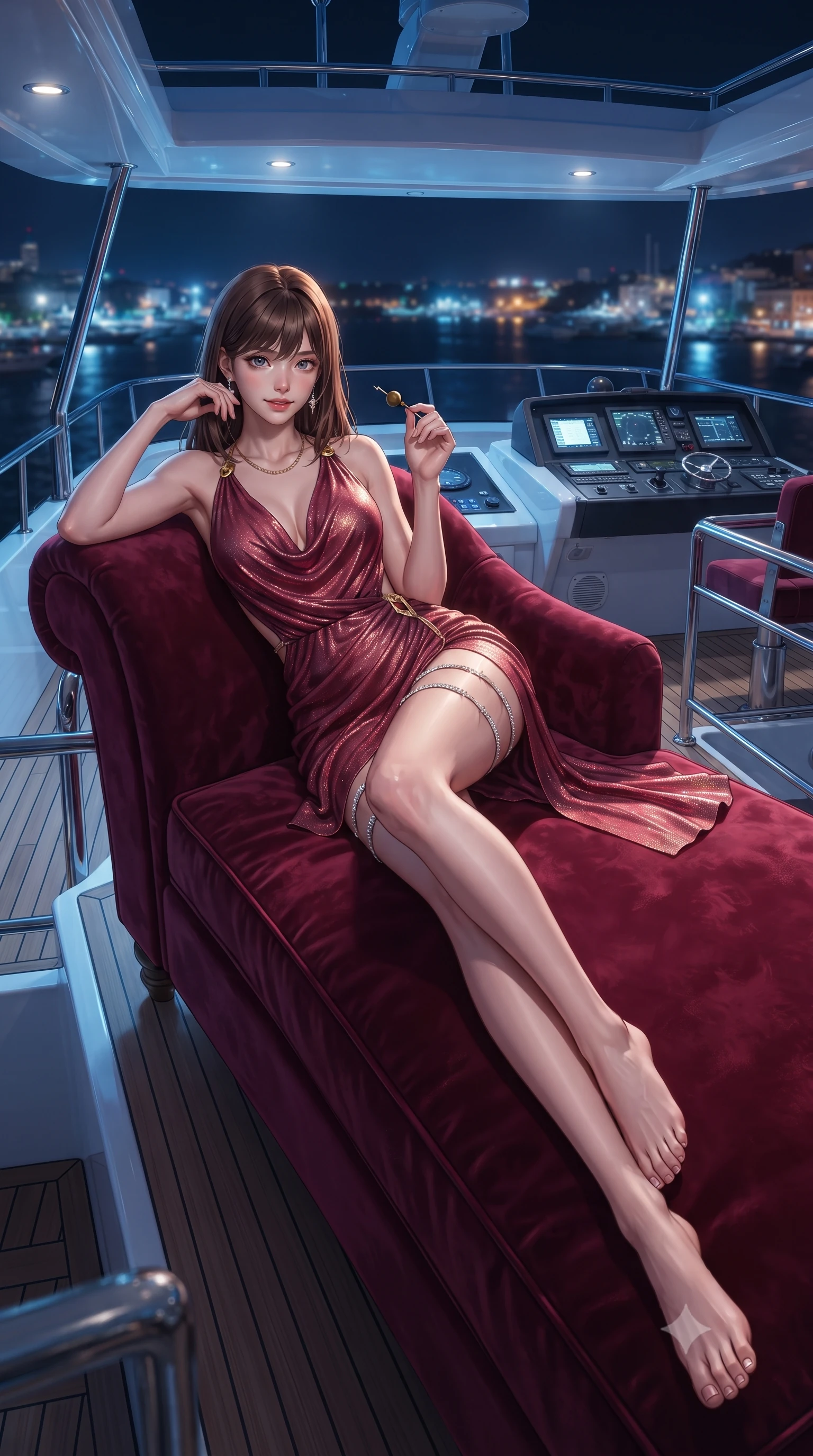 score_9, masterpiece, best quality, ultra-detailed, high-budget anime keyframe, editorial fashion photography, tasteful artistic composition, Korean woman. low angle full-body shot from head to toe showing her feet, filling the entire 9:16 vertical frame with her statuesque presence, stretching her vertical silhouette. reclining gracefully across the plush chaise lounge with one leg extended, her sculpted silhouette and flat midriff radiating magnetic nocturnal glamour while perched sideways on a high barstool with legs crossed, toying with a cocktail olive while casting a dangerous, coquettish smile. The surrounding environment is rendered in vivid detail and crisp panoramic clarity: detailed plunging cowl-neck metallic gown cling, diamond earrings sparkle, and luxury yacht flybridge engineering in razor-sharp precision. She has an absolutely perfect, statuesque 8.5-heads proportion, an exceptionally tall and slender model-like female figure with impossibly long slender legs, an ultra-slim waist, a flat toned midriff, narrow delicate ribcage, and beautifully sculpted feminine hips creating a graceful, slim hourglass silhouette without any bulky heaviness. sharp v-shaped jawline, high-bridge nose, sparkling eyes with hypnotic seductive depth, thick curled eyelashes, glossy parted lips with a natural dewy peach sheen, alluring bedroom-eyes with an enchanting coquettish smile, exuding magnetic siren charisma and sophisticated glamour, flawlessly proportioned anatomical accuracy, strict slender model proportions, natural body alignment, perfectly sculpted long slender limbs, ultra-slim waistline, clean dynamic posture without body distortion. wearing a draped Greek-goddess style silk chiffon mini toga dress with an open back and golden hip fibula in smoldering crimson wine and deep rose-gold, woven from stretch metallic lurex jersey casting radiant starlight glints across her silhouette, finished with delicate crystal-encrusted thigh garter straps glinting in the dim light, the high-slit wrap tailoring accentuating her ultra-slim waistline and the enchanting curve of her feminine hips with alluring seductive charm. illuminated by high-gloss bar surface bounce and sharp festive-gold rim lights sculpting her jawline, flat midriff, and curvy hips. ultra-reflective glossy finish, specular highlights, rich textural contrasts, high-contrast stereoscopic depth, volumetric dynamic lighting, 2k, ultra detail, master piece, 9:16 ratio