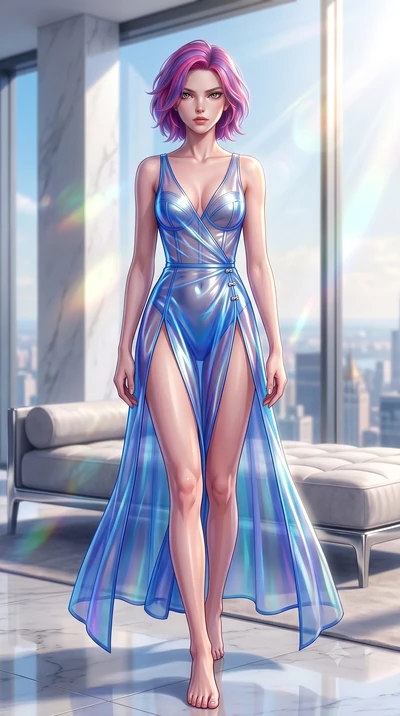 score_9, masterpiece, best quality, ultra-detailed, high-budget anime keyframe, semi-realistic 3D game render, editorial fashion photography, tasteful artistic composition, Caucasian woman. low angle full-body shot from head to toe showing her feet, 