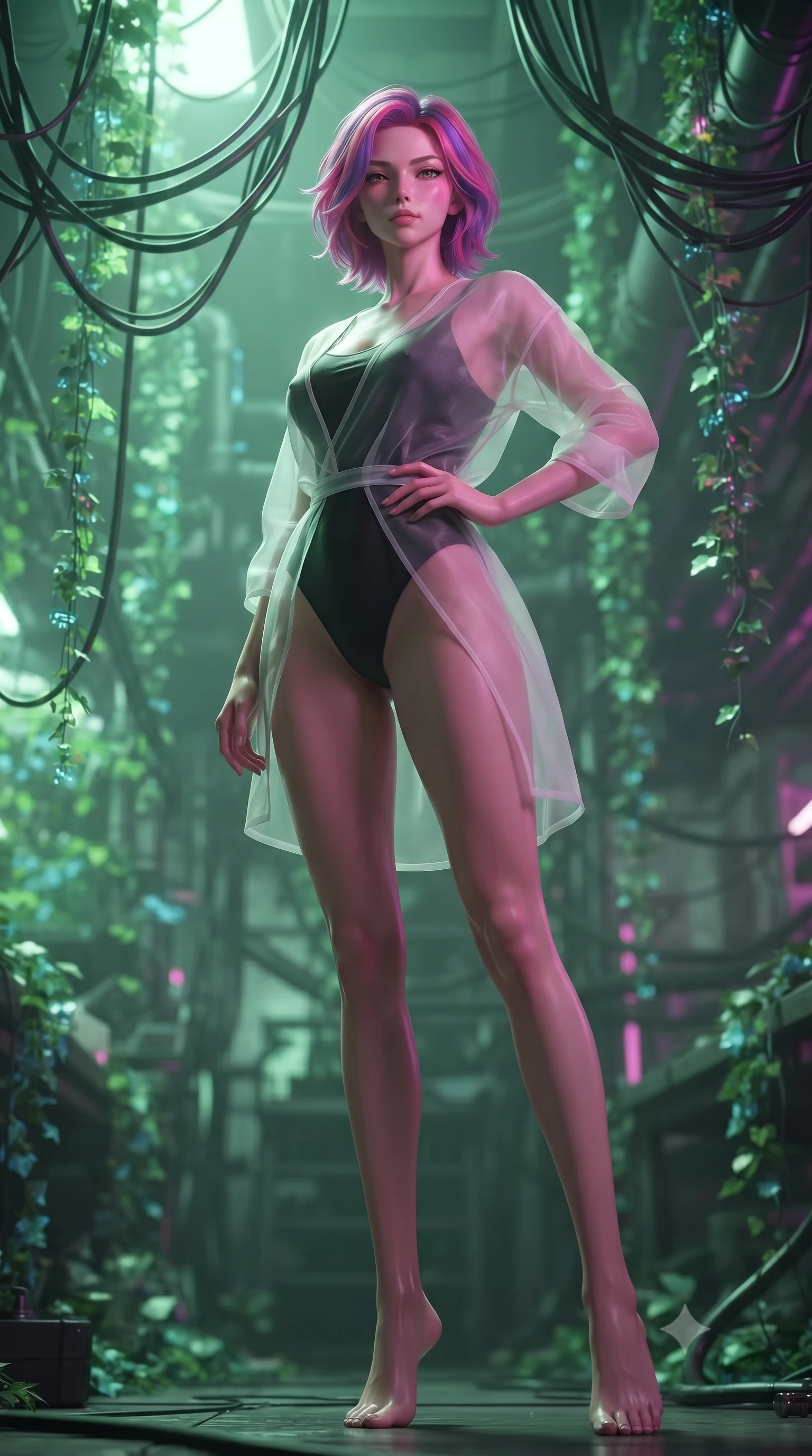 score_9, masterpiece, best quality, ultra-detailed, high-budget anime keyframe, editorial fashion photography, tasteful artistic composition, Caucasian woman. low angle full-body shot from head to toe showing her feet, filling the entire 9:16 vertical frame with her statuesque presence, stretching her vertical silhouette. posing confidently with one hand on her hip, stretching her statuesque body to emphasize her curves the background shows a soft-focus a cybernetic greenhouse loft with hanging cables intertwined with glowing digital ivy. She has an absolutely perfect, statuesque 8.5-heads proportion, an exceptionally tall and slender model-like female figure with impossibly long slender legs and an ultra-slim waist. sharp v-shaped jawline, high-bridge nose, intricate jewel-like eyes with depth, thick eyelashes, glossy lips with a natural sheen. wearing a slim-fit sheer white organza resort cover-up worn over a form-fitting one-piece swimsuit, showing her elegant clavicle lines. soft bioluminescent green light blending with neon magenta key light. ultra-reflective glossy finish, specular highlights, metallic sheen, high-contrast stereoscopic depth, volumetric dynamic lighting, 2k, ultra detail, master piece, 9:16 ratio