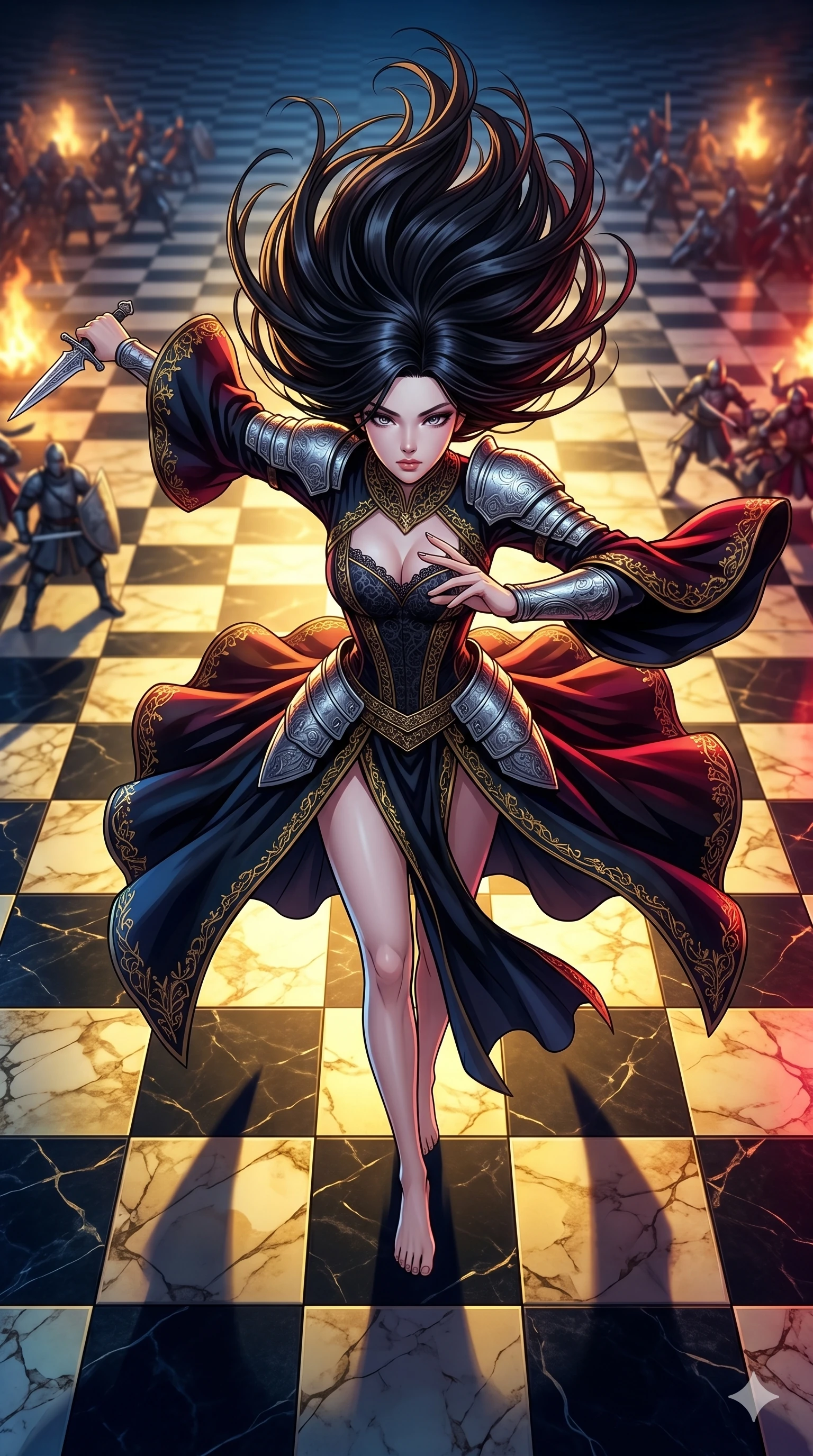 score_9, masterpiece, best quality, ultra-detailed, high-budget anime movie keyframe, cinematic anime lighting, intricate line art, Japanese woman. Extreme high angle shot as she leaps towards the camera, filling the frame. performing a dance of war on a giant checkered battlefield. She has an absolutely perfect 8-heads proportion, an exceptionally tall and slender female figure with an ultra-slim waist and impossibly long slender legs. strictly human anatomy, two legs only, no extra limbs, clearly defined legs and arms, perfect anatomy, perfect hands and fingers. sharp v-shaped jawline, high-bridge nose, intricate jewel-like eyes, thick eyelashes, glossy lips. Wearing Dark Fantasy: Gothic lace corset gown, bell-sleeved sorceress robes, and engraved silver plate armor over silk. The scene is illuminated by dramatic atmospheric lighting and vibrant color palettes. , 2k, ultra detail, master piece, 9:16 ratio
