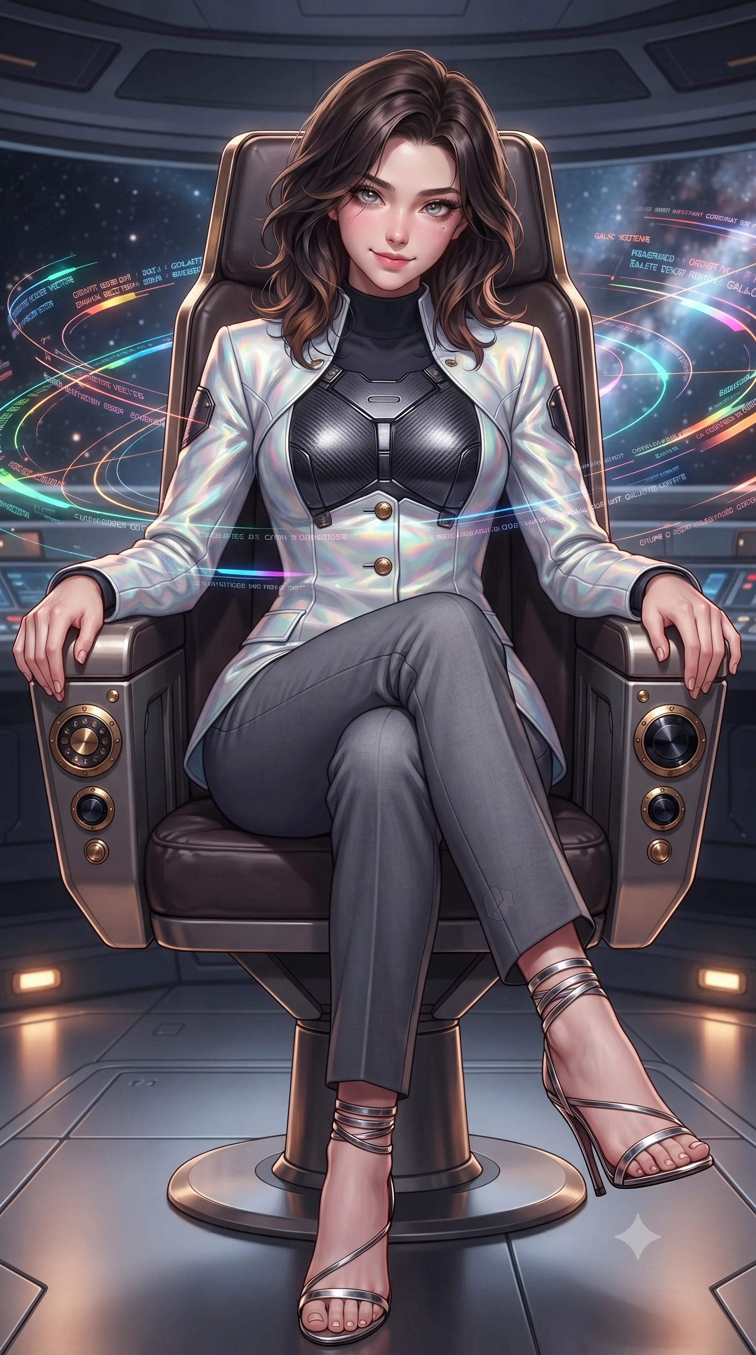 score_9, masterpiece, best quality, ultra-detailed, high-budget anime keyframe, editorial fashion photography, tasteful artistic composition, Korean woman. close-up cowboy shot from the waist and thighs up, the character dominates the composition, filling the frame with her large presence. tilting her head with a teasing half-smile, running one hand slowly down the side of her hip in a flirtatious S-curve as ambient light caresses her silhouette while sitting gracefully on the high-backed admiral chair with legs crossed, flashing an enchanting smile with parted glossy lips as galactic vectors rotate around her. The surrounding environment is rendered in vivid detail and crisp panoramic clarity: sharp circular black obsidian dais reflections, polished brass tactical dials, and crisp holographic orbital coordinate text in deep focus. She has an exceptionally elegant, slender, and willowy female figure with an ultra-slim waist, flat toned midriff, narrow ribcage, and sculpted feminine hips creating an alluring, slim hourglass silhouette without bulk. sharp v-shaped jawline, high-bridge nose, intricate jewel-like sparkling eyes with depth, thick eyelashes, glossy parted lips with a natural peach sheen, bright cheerful beaming smile with an enchanting and coquettish sensual glint, exuding both youthful cute charm and seductive allure, flawlessly proportioned anatomical accuracy, strict slender model proportions, natural body alignment, perfectly sculpted long slender limbs, ultra-slim waistline, clean dynamic posture without body distortion. wearing a structured cyber-infantry dress uniform jacket with carbon-fiber chest plating and brass buttons over a mock-neck top and tailored wool trousers in iridescent mother-of-pearl and liquid molten silver, woven from structured carbon-fiber jacquard with rich textural depth, complemented by strappy stiletto sandals with metallic ankle wraps accentuating her slender calves, the impeccably tailored cut draping gracefully along her slender figure with aristocratic poise. bathed in the multi-colored celestial glow of the rotating holographic star system contrasted with subtle floor-level warm lights. ultra-reflective glossy finish, specular highlights, rich textural contrasts, high-contrast stereoscopic depth, volumetric dynamic lighting, 2k, ultra detail, master piece, 9:16 ratio